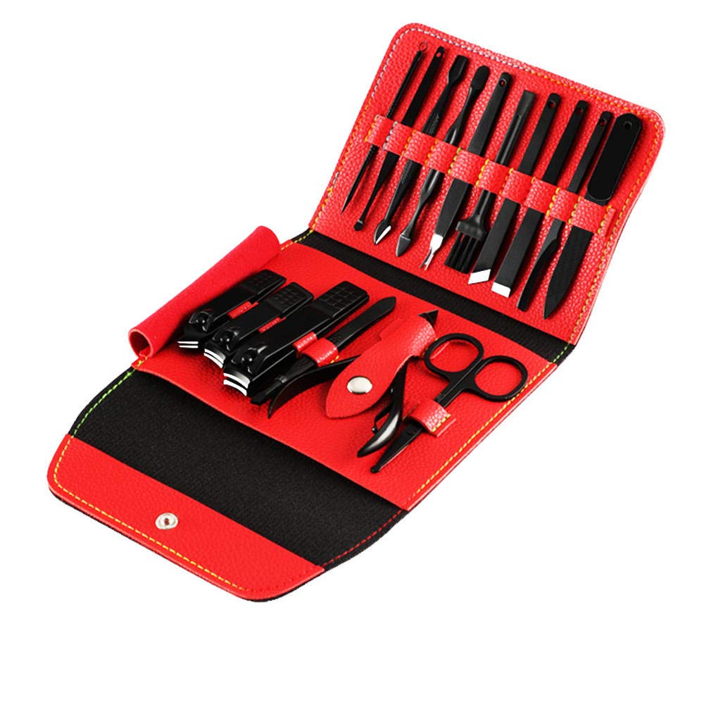 Kit de manucure, coupe-ongles professionnel, kit de manucure en acier inoxydable, kit de toilettage professionnel, kits de soins des ongles, étui à ongles de voyage portable-rouge_18 pièces (rouge 1