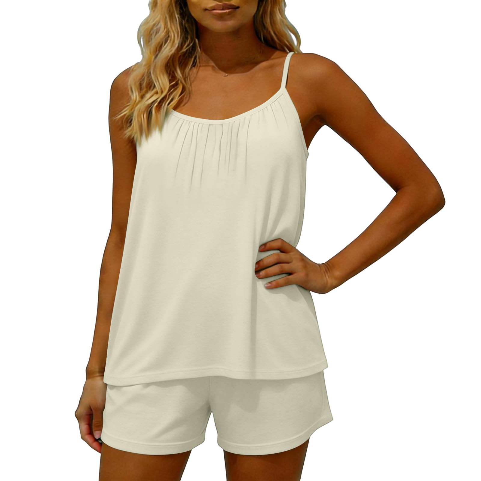 Womens 2 Piece Sleeveless Cami Top And Shorts Lounge Set For Summer Casual Vacation Wear