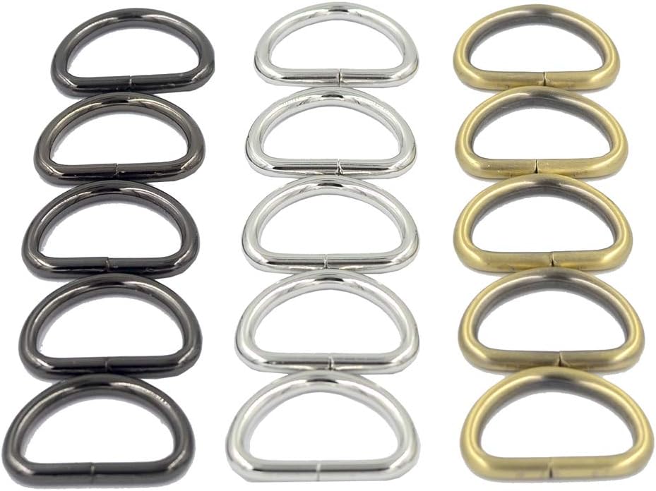 1 inch Strong Metal Webbing,Keychain D Ring Thick Leather Handbag Strap Loop Clasp Hook D Buckles 3 Color (Total 15pcs)