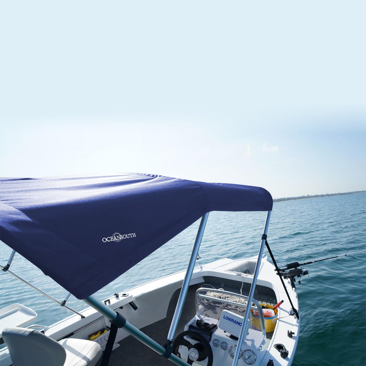 Oceansouth Bimini Top a 3 archi con stivale integrato (blu pacifico, larghezza 1,7 m – 1,9 m) telaio archi parasole barca copertura impermeabile stivale cinghia di stoccaggio grande grande grande