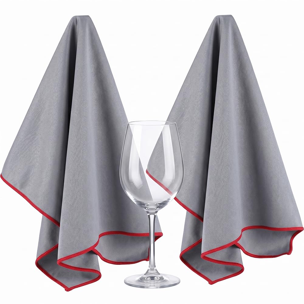 Cptoion Lint-Free Microfiber Glass Polishing Cloths, Streak-Free Drying Towels, Reusable Microfiber Cloths for Wine Glasses, Stemware, and Glassware, 2 Pack 24.8 x 20.1 Inch Grey