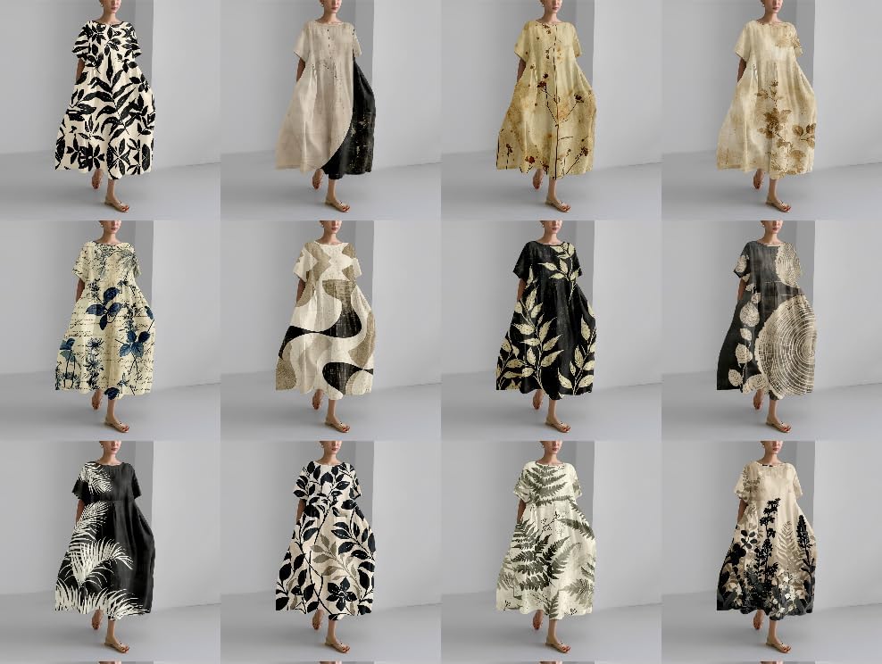 MARSVOVO Retro Linen Dress for Women 2024 Plus Size Oil Painting Bohemia Floral Flowy Oversized Loose Fit Beach Dresses - Image 3