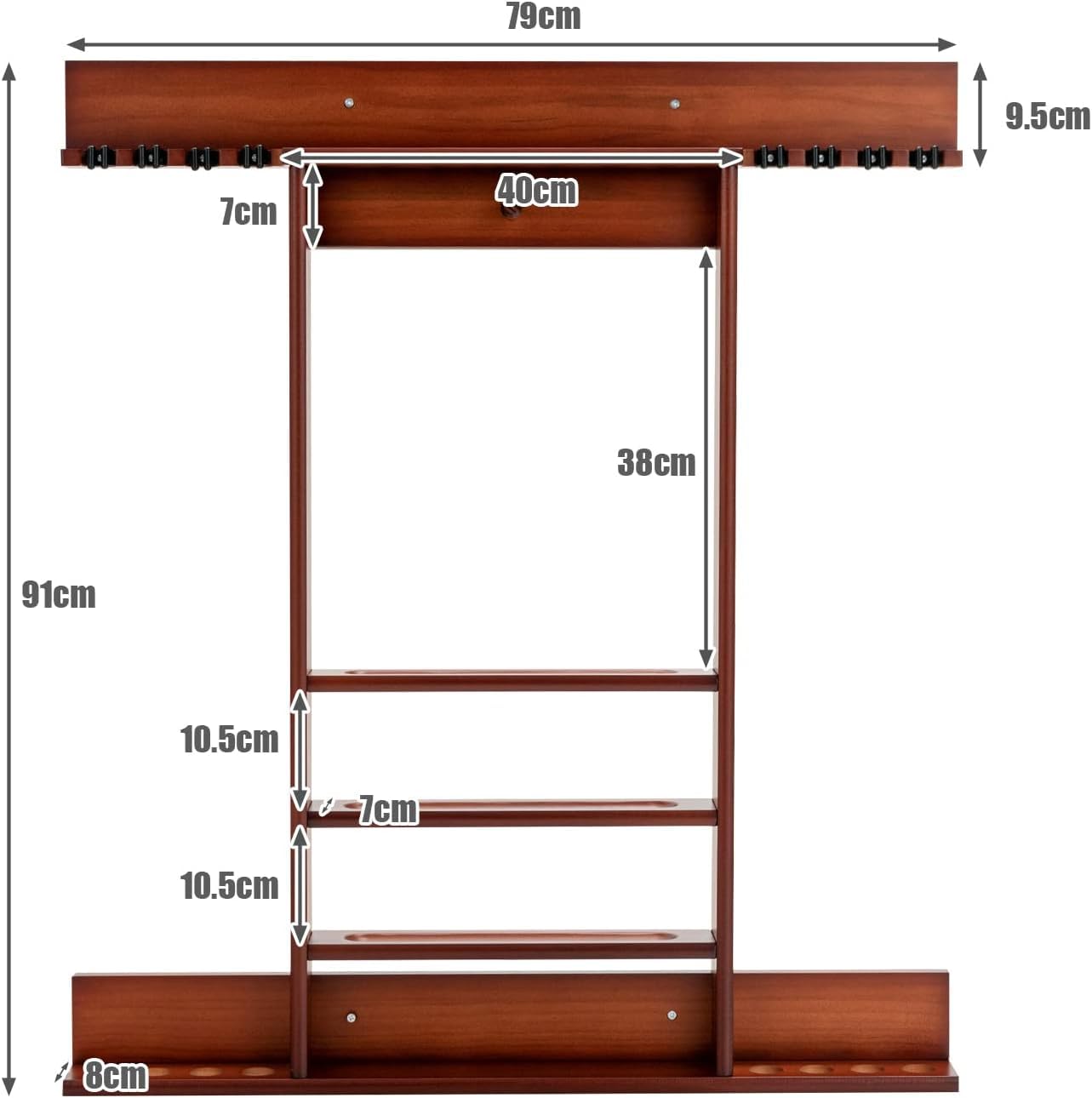 GYMAX Soporte para Tacos de Billar de Madera de Pino, Soporte para Tacos de Billar para 8 Tacos, 15 Bolas de Billar y Accesorios de Billar, Accesorios de Mesa de Billar para Sala de Billar, Bar, Club