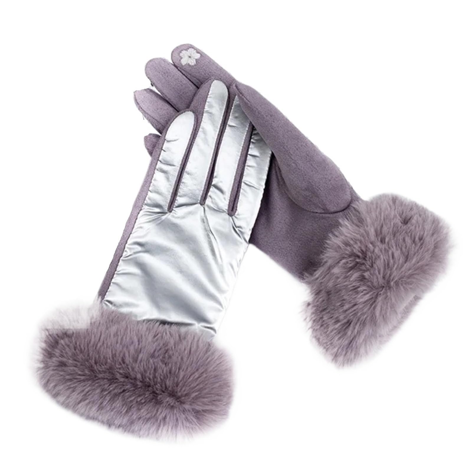 WLIHDB Leather Gloves Women Women Winter Warm Suede Leather Glove Female Faux Fur Plus Velvet Thick Driving Gloves Leather Gloves For Women(Silver)