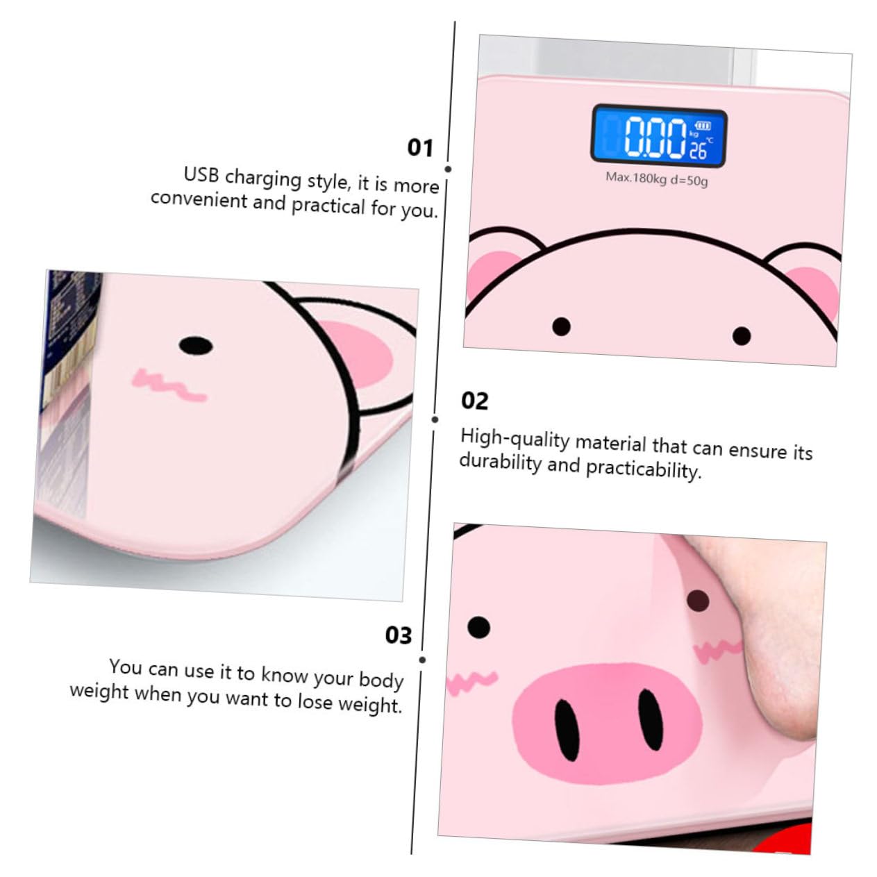 BESTYASH Cartoon Body Weight Scale USB Rechargeable Electronic Digital Weight Measuring Scale with Tempered Glass Auto Start Intelligent Induction LCD Display Lb Switch for Monitoring