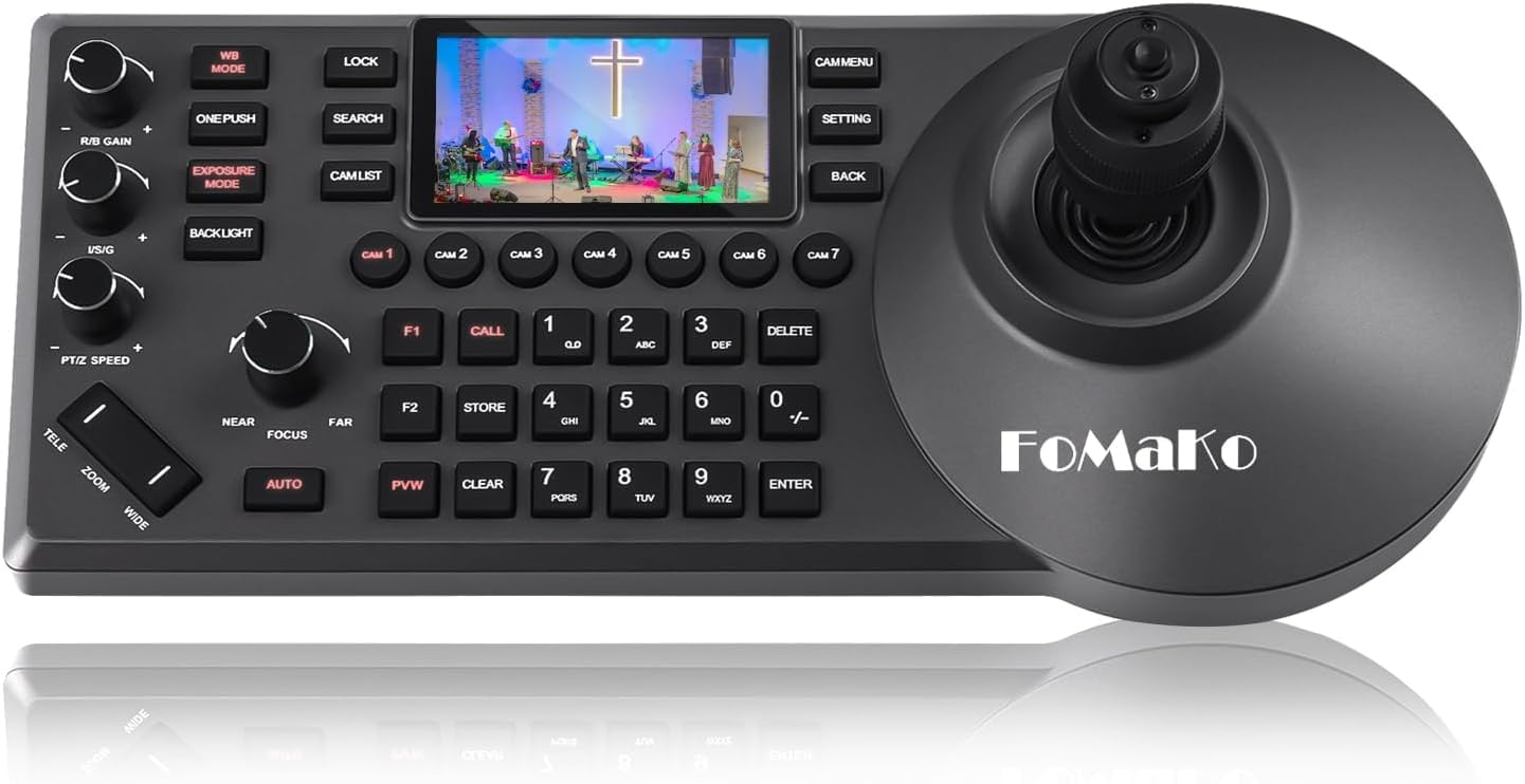FoMaKo KC608 Pro NDI PTZ Controller (Black) - PoE, LCD Screen Preview, 4D Joystick, NDI License Included, for Church Live Streaming & Education