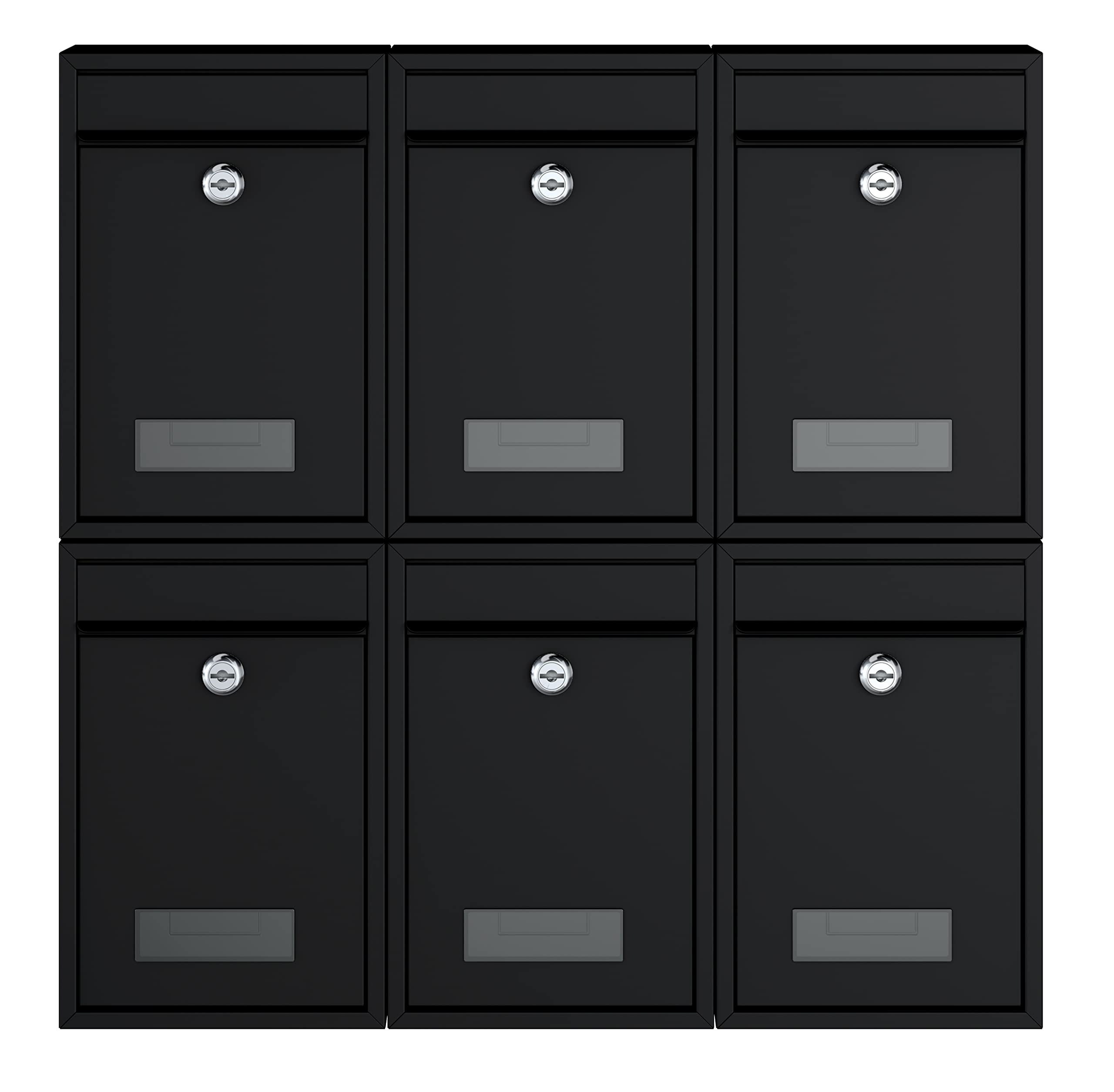 BASI Juego de 6 buzones de pared de acero, color negro mate, con placa para nombre, cerradura cilíndrica con 2 llaves cada una, incluye material de fijación, sistema de buzón, 6 unidades