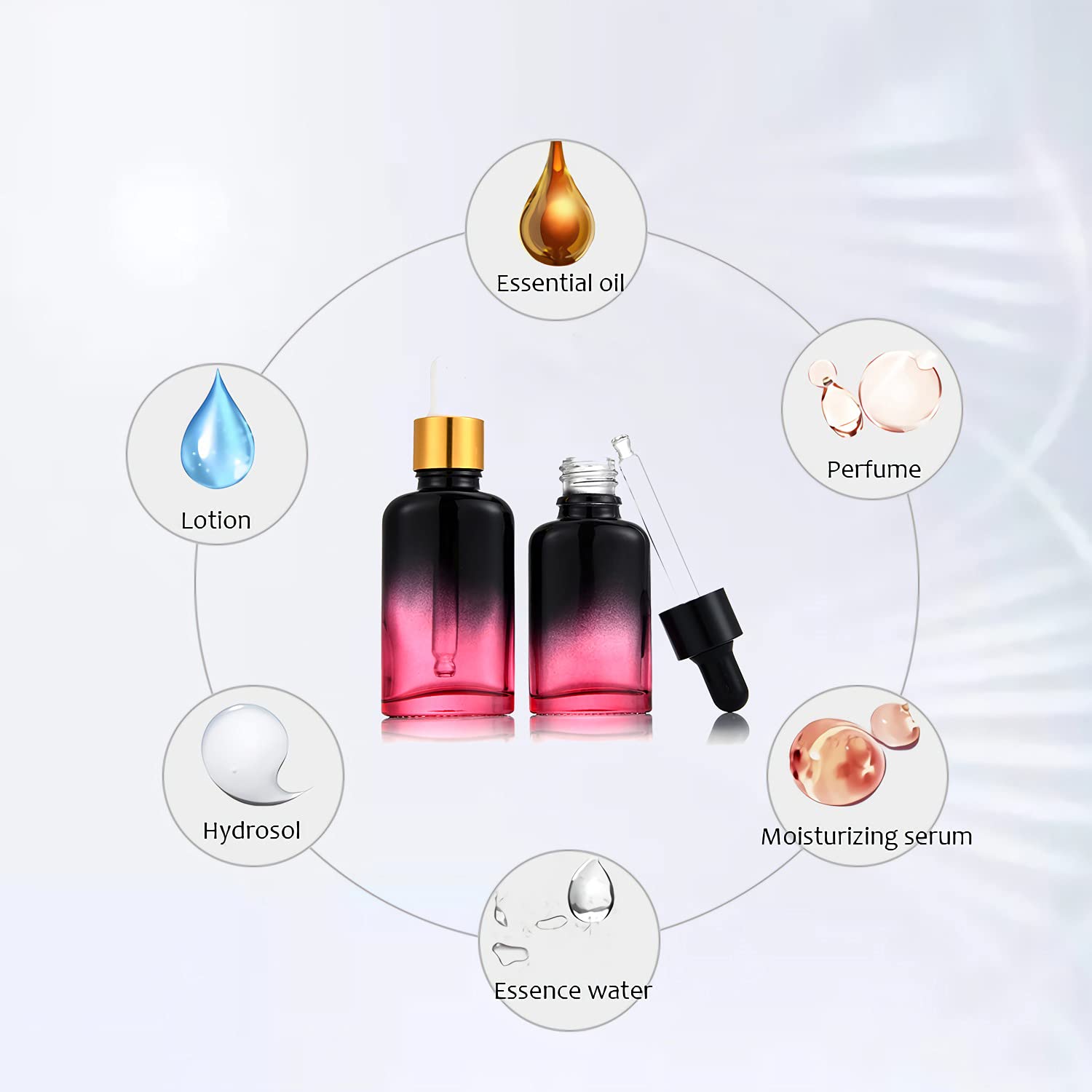 12 Stück 30 ml Leere Schwarz Rot Farbverlauf Oval Pipettenflasche mit Schwarz Pipettenring, Glasflasche Glaspipette Tropfpipetten für Ätherische Öle Aromatherapie
