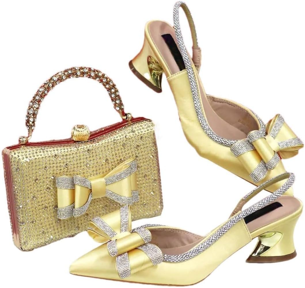 JuankrynordWomen's Elegant Party Heels Embroidery Shoes Bag Set Combo  Pointed Rhinestone Party Heels with Square Rhinestone Bag Suitable for Party
