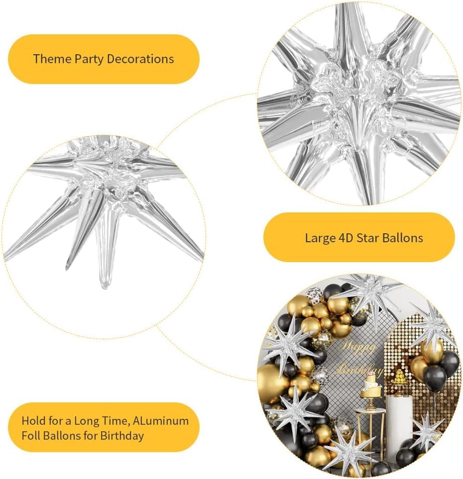 Image of Toys Treasure Silver Star Foil Balloons 22 Inch 7 Pcs - 4D Large Metallic Star Balloons for 70s Disco Party Birthday Graduation New Year Celebration Decorations
