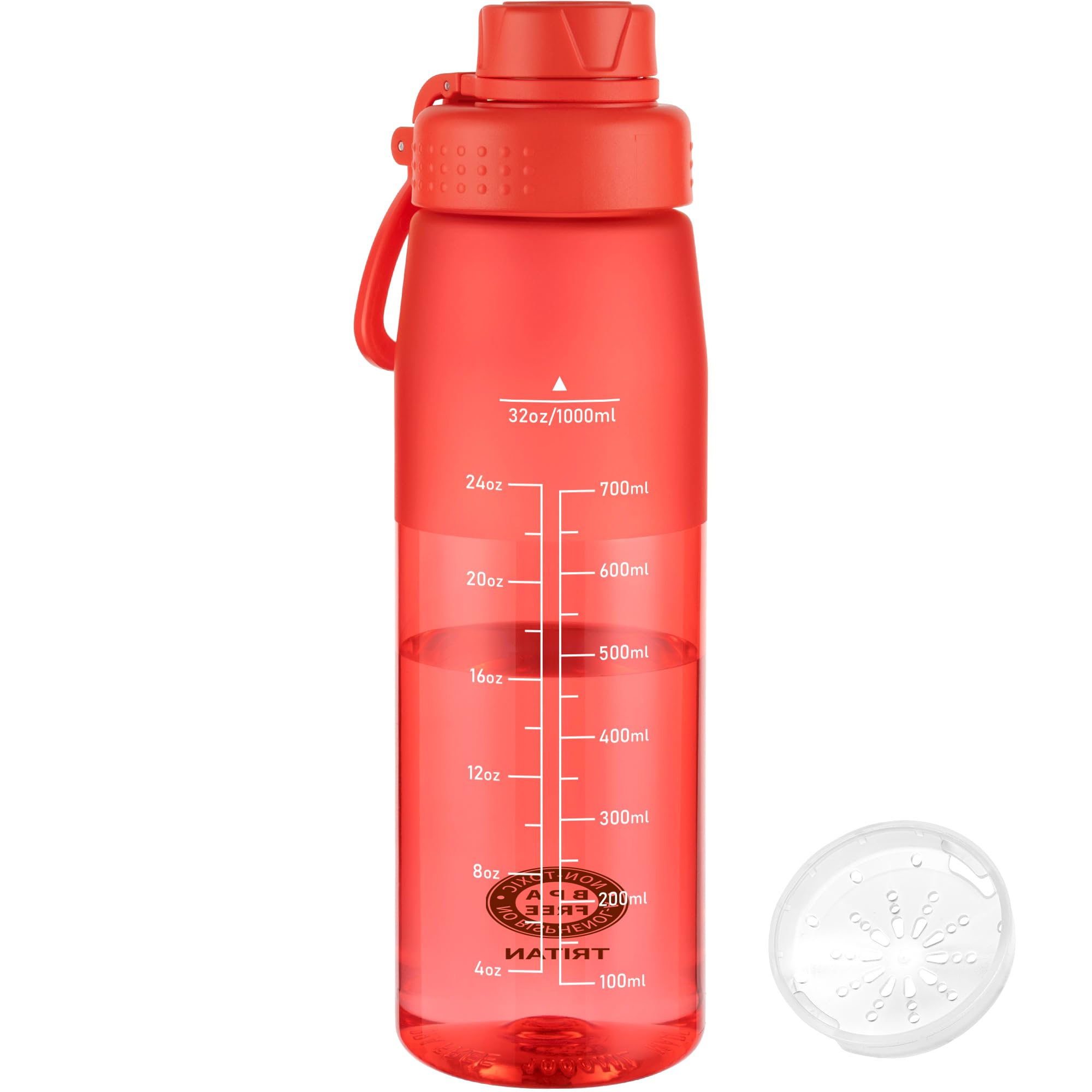 GOPPUS 1L/32oz Clear Tritan Water Bottle with Screw Lid, Drinks Bottle with Wide Mouth, Fruit Infuser, Leakproof, BPA Free, Carry Handle, Measurement Markings, Dust Cap (Red)