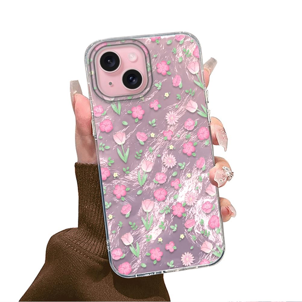 Tedyhulle für iPhone 13 /iPhone 14 Hülle Mit Aesthetic Rosa Blume Muster | Niedlich Design Mädchen Geschenk Schutzhülle, Weich Silikon TPU Bumper Harter PC-Rückseite Dünne Stoßfeste Handyhülle 6,1"