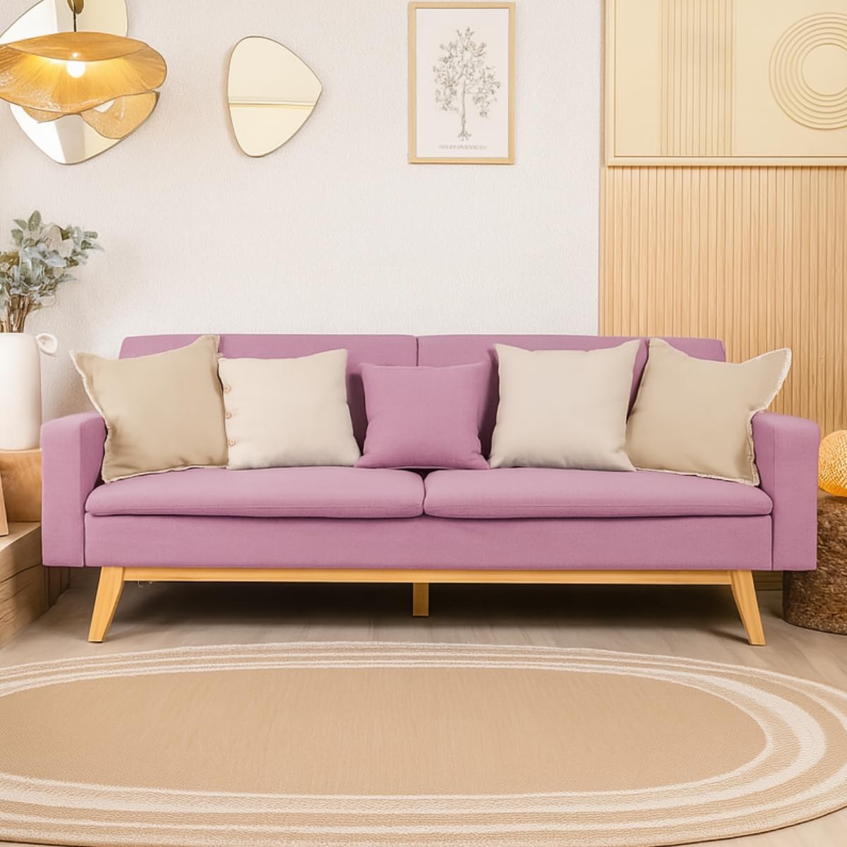 Don Descanso - Divano Letto 3 Posti Reine, Rivestito in Tessuto, Sistema di Apertura a Libro o Clic-Clac, Misura Divano: 206x73x80 cm, Misura Letto: 180x100 cm, Include 2 Cuscini, Rosa