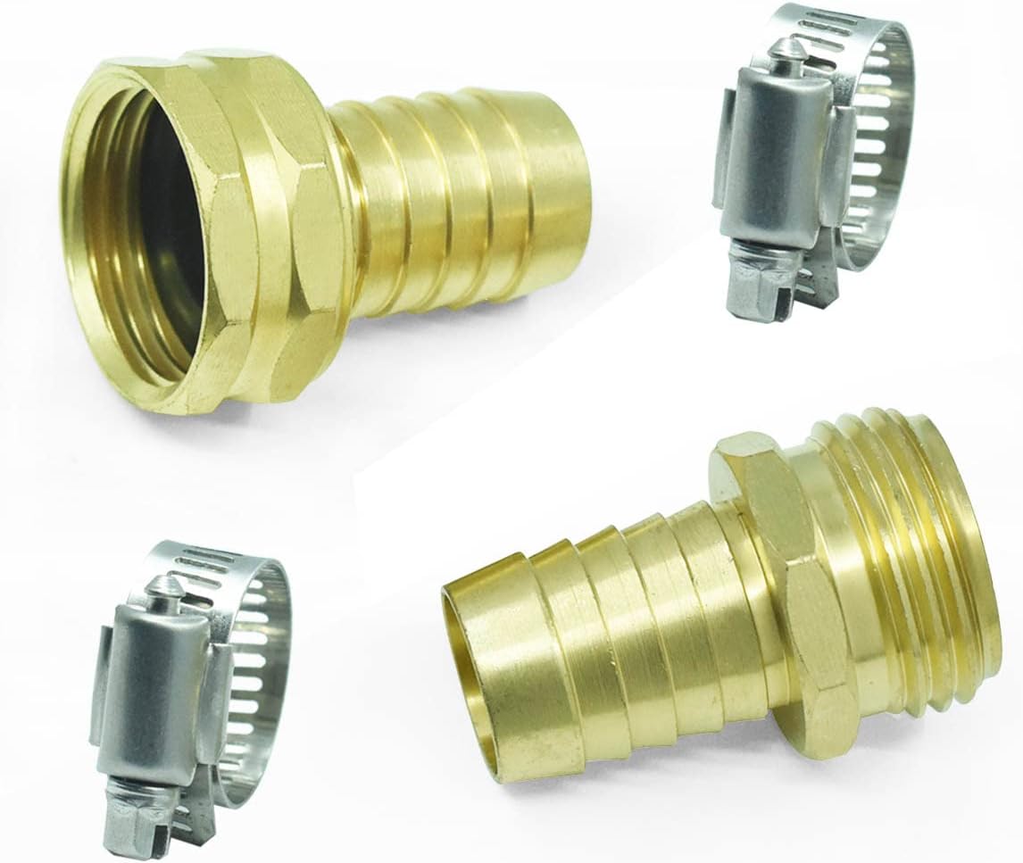 Solid Brass 3/4 Inch Garden Hose Repair Kit Male and Female Hose End Repair Water hose Fittings Connector with Stainless Steel Clamp