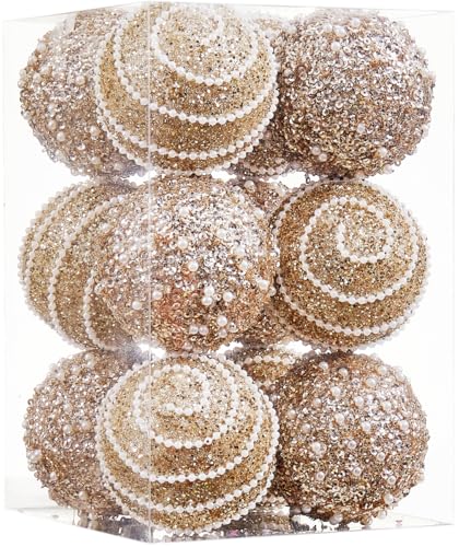 Champagne Gold Christmas Ball Ornaments Christmas Ball Decorations Shatterproof Plastic Hanging Pearl Balls for Holiday Party(70mm/2.76 12ct)