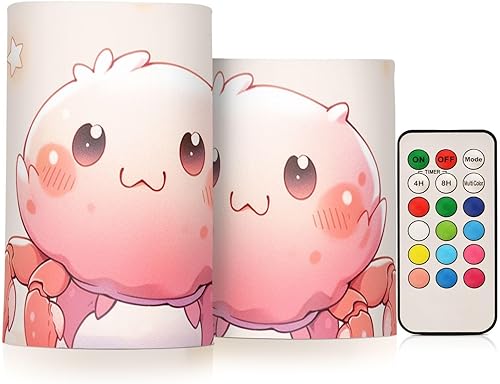 ZENWAWA Flameless Candles with Remote Control  Cute Pink Crab Print, 2 Pcs WarmWhiteColor LED Changing Battery Operated Fake Candle for Indoor