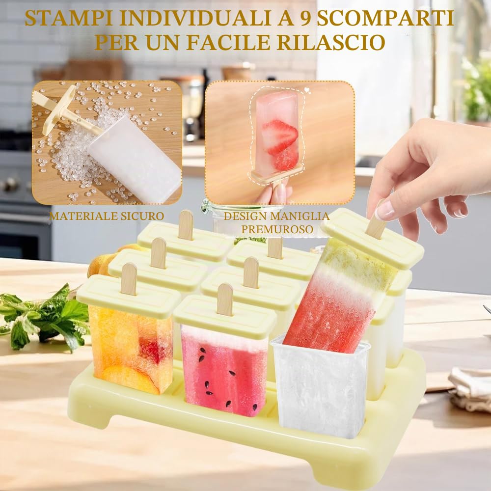 Stampi Per Ghiaccioli, Formine Ghiaccioli, 9 pezzi Stampo Ghiaccioli con Spazzola, Stampi per gelato creativi fatti in casa riutilizzabili, facili da sganciare, Beige