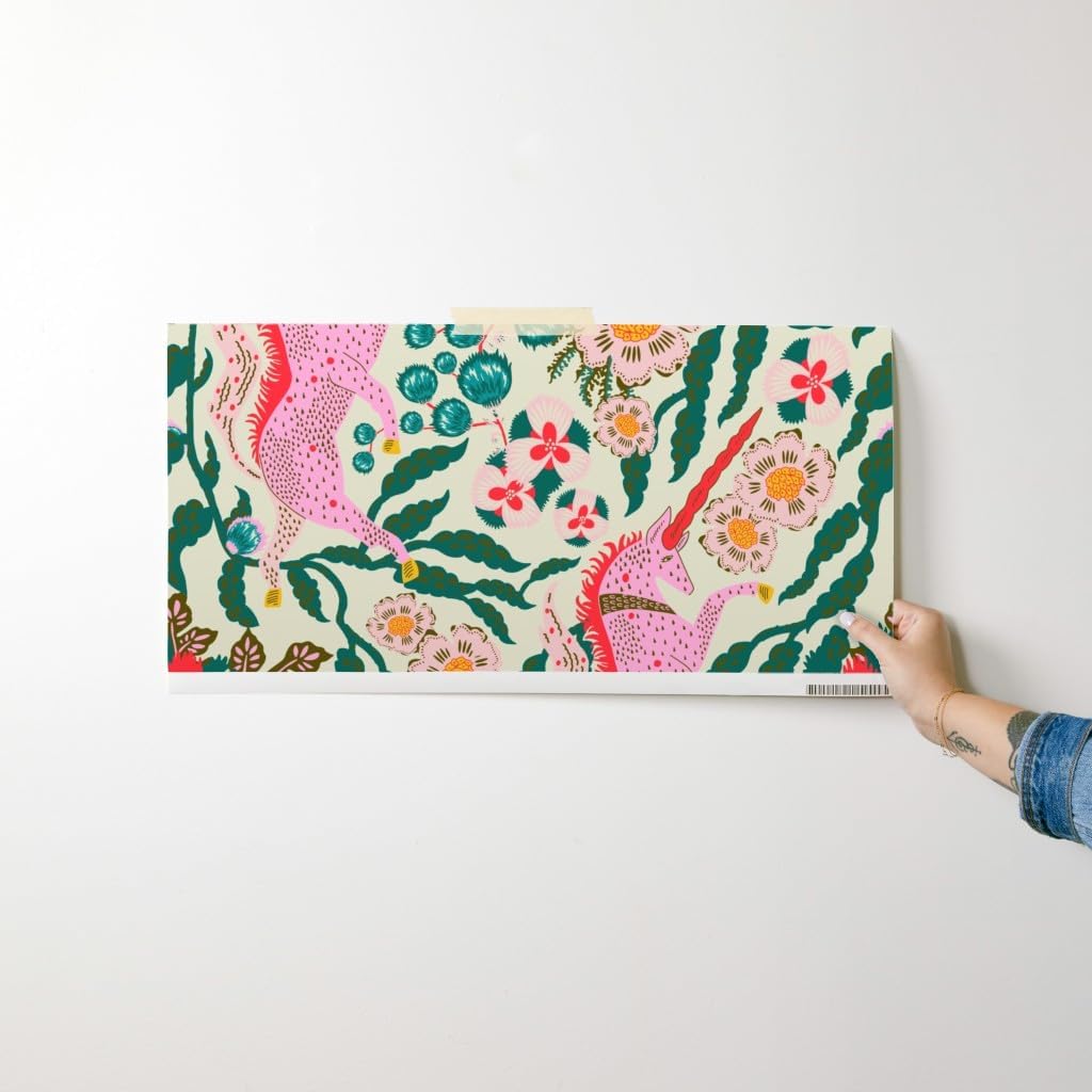 Peel & Stick Wallpaper Swatch - Maximalist Floral Flowers Unicorns Leaves Pink Green Fantasy Colorful Jungle Custom Removable Wallpaper by Spoonflower