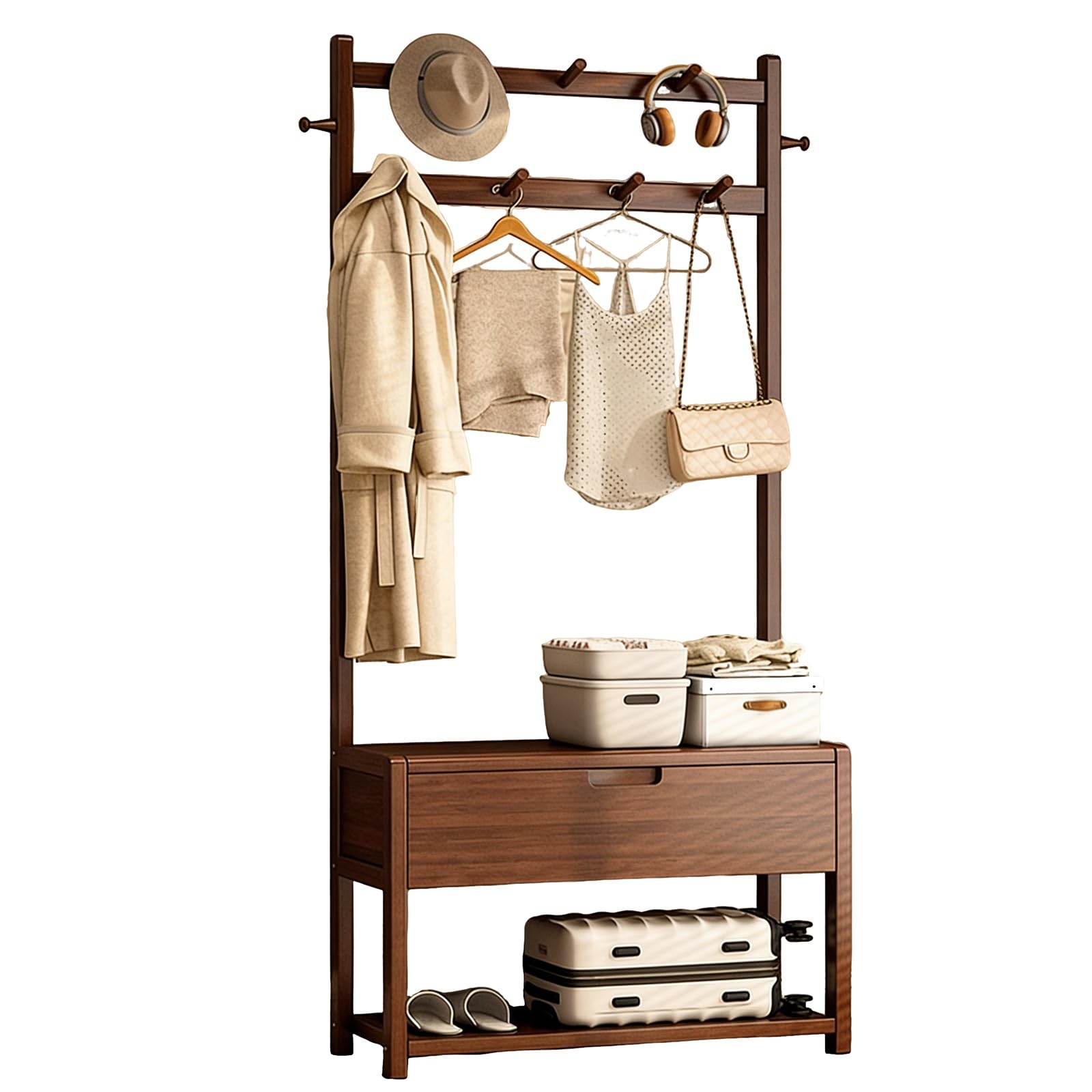 GHFXSCV 4-in-1 Hall Tree with Sto - Modern Mudroom nizer for Entryway, Foyer & Corridor - Multifunctal Coat Rack & Shoe Bench (31.4x12.7x65.3in)