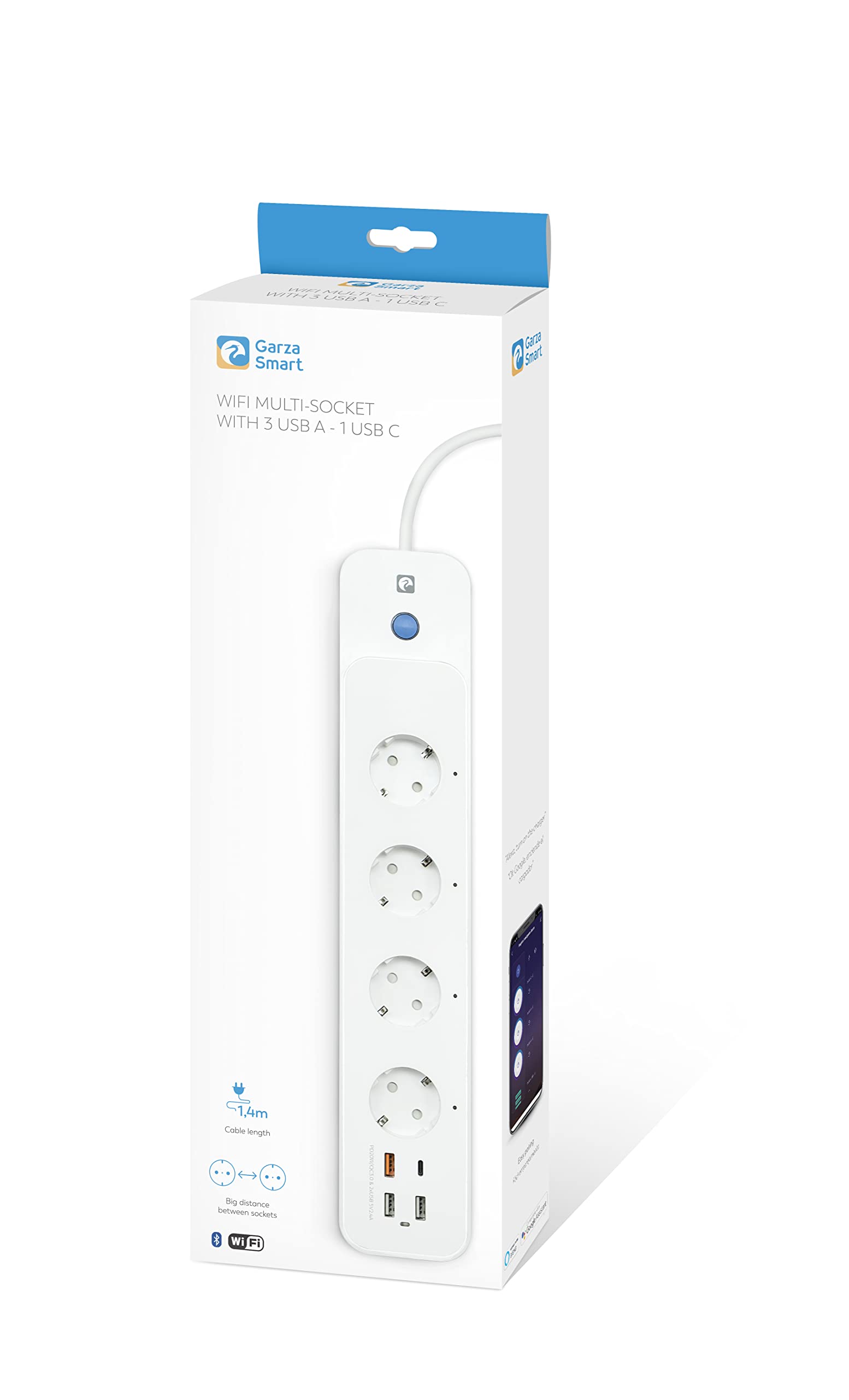 Garza Smart - Ciabatta elettrica WiFi intelligente con interruttore, 4 prese, 2 USB tipo A, USB C e USB 3.0 carica rapida PD20W/QC3.0, WiFi 2.4GHz, programmabile, controllo app e voce