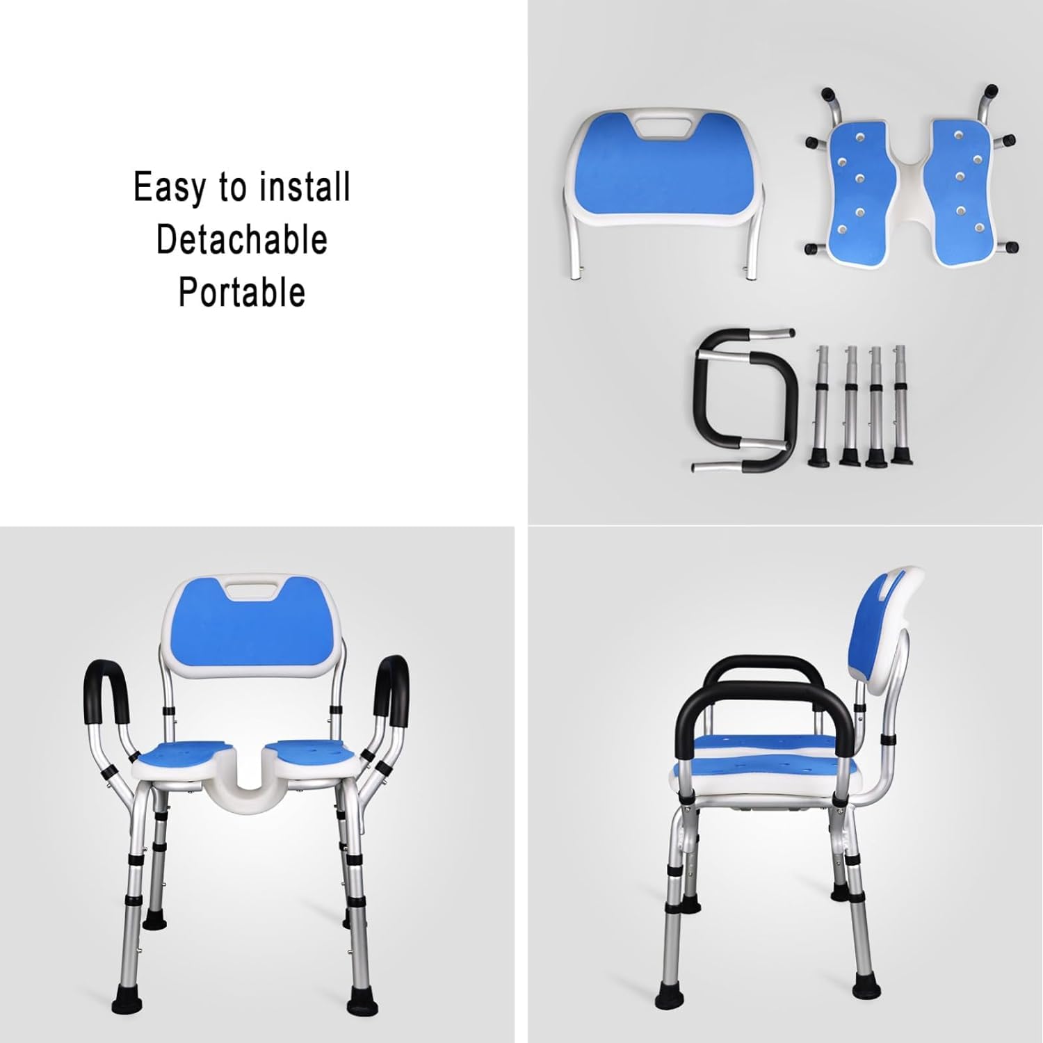 Silla de Ducha con Brazos y Respaldo extraíbles,Taburetes de Ducha en Forma de U for Personas Mayores discapacitadas,4 sillas de bañera Antideslizantes de Altura Ajustable con cojín