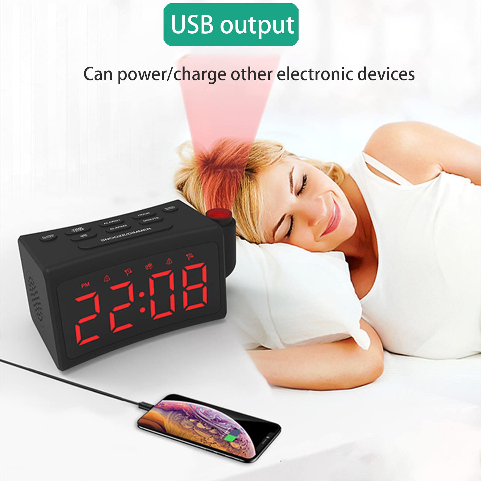 Radio-réveil à Projection FM, avec Port USB avec Double Alarmes, Interrupteur 12/24 Heures - pour Chambre à Coucher, Bureau