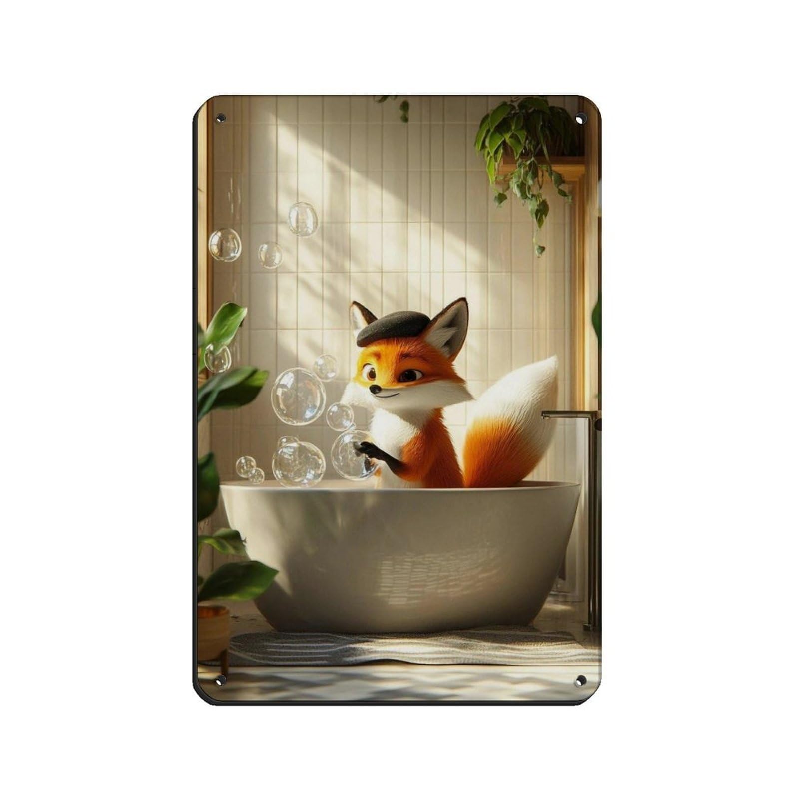Lxwnze 20L X 30W Cm Fox In Bathtub, Cute Bathroom Decor Tin Sign Vintage Metal Pub Club Cafe Bar Home Wall Art Decoration Poster Retro 8X12inch(20X30cm)