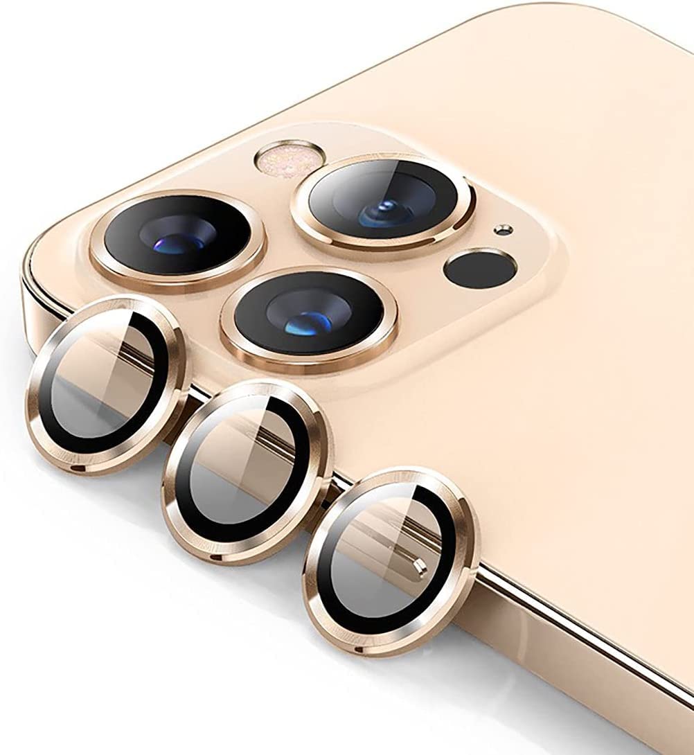 Sunny Fashion カメラレンズプロテクター iPhone 14 Pro 6.1インチとiPhone 14 Pro Max 6.7インチ用、9H 強化ガラスメタル個別リングカバー、HDクリア、3パック (ゴールド)