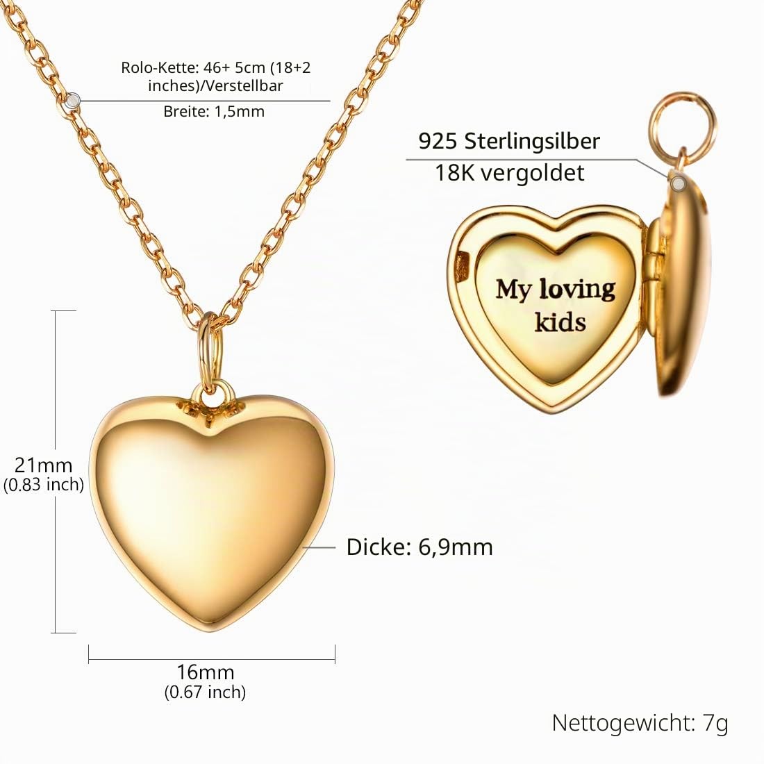 SILVERCUTE Damen Collier 925 Sterling Silber/18k vergoldet Foto Gravur Kette personalisiert Herz/Runde/Oval Medaillon Anhänger mit 1,5mm 45cm Rolokette einzigartiges Schmuck Geschenk für Mädchen