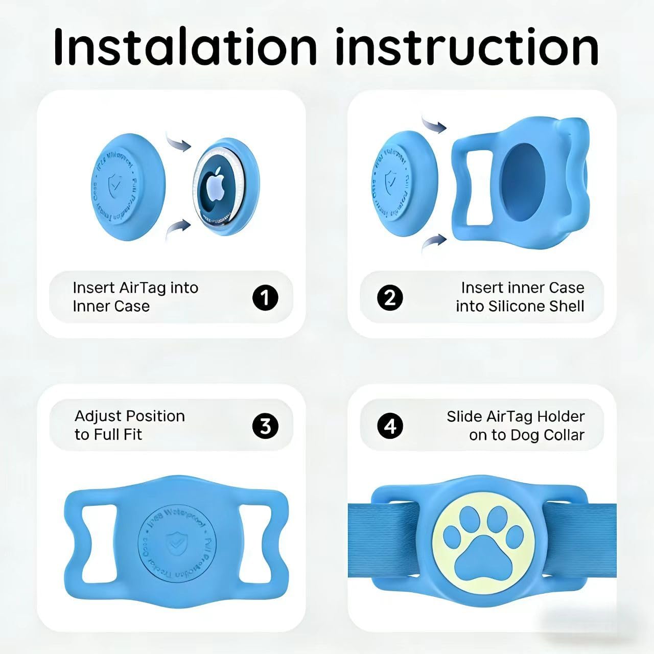 4 Pack Waterproof Airtag Dog Collar Holder for Apple Air Tag, Silicone Dog Airtag Holder for Dogs & Cat Collars (Pink/Blue/Black/Rosered)