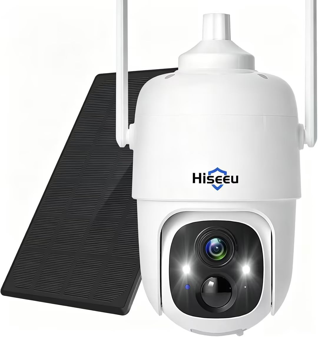 Hiseeu 【Cloud Storage 2K 360° Solar Security Camera Outdoor Wireless with Color Night Vision,Battery Powered PTZ WiFi CCTV Camera with Solar Panel,PIR Motion Detection,Two-Way Audio,Siren Alarm&IP66