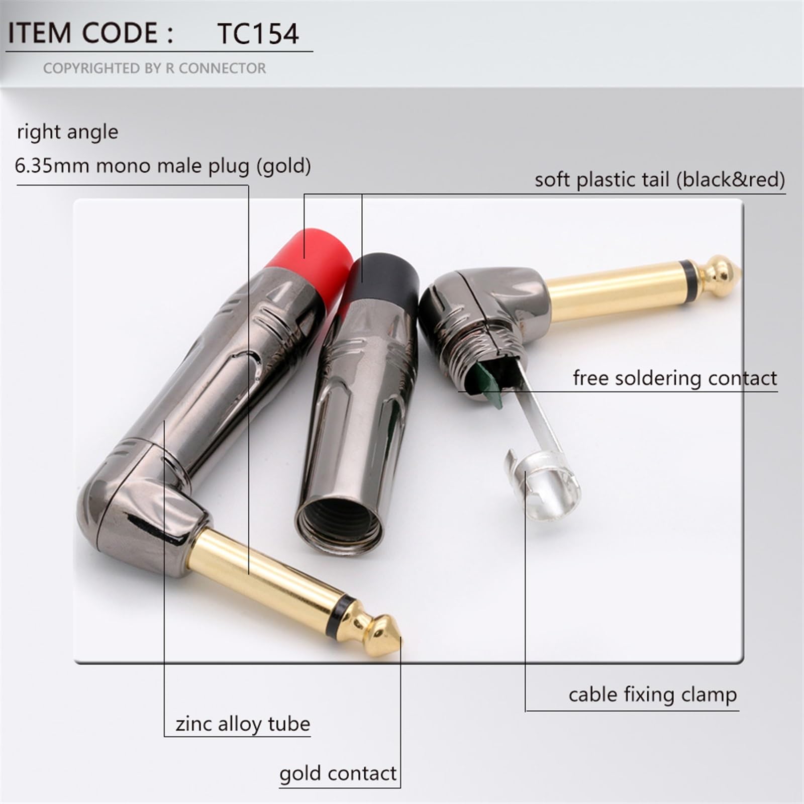 10 jack mono da 6,35 mm ad angolo retto da 6,3 mm, connettore maschio da 1/4", presa microfono (5 x nero, 5 x rosso)