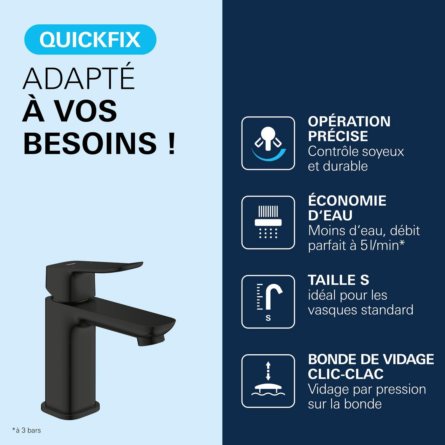 GROHE Dice Mitigeur monocommande Lavabo Taille S (Robinet pour Lavabo de Salle de bain, Avec bonde clic clac, facile à installer avec QuickTool inclus, Economie d'eau), Noir Mat, 1018572430