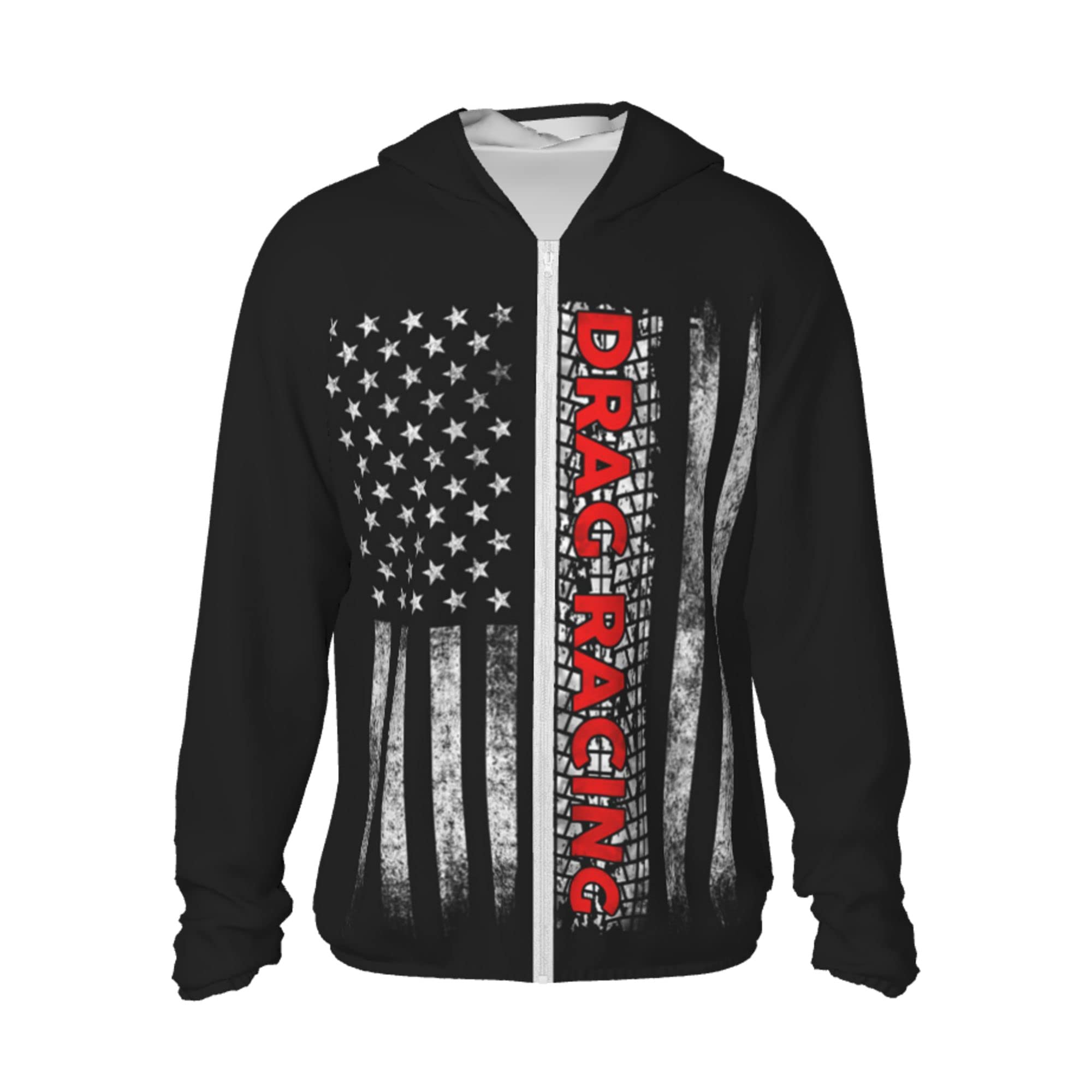 Drag Racing American Flag Summer Sun Protection Hoodie Jackets, Long Sleeve Sun Shirt Zip Front Rash Guard Sunblock Jacket