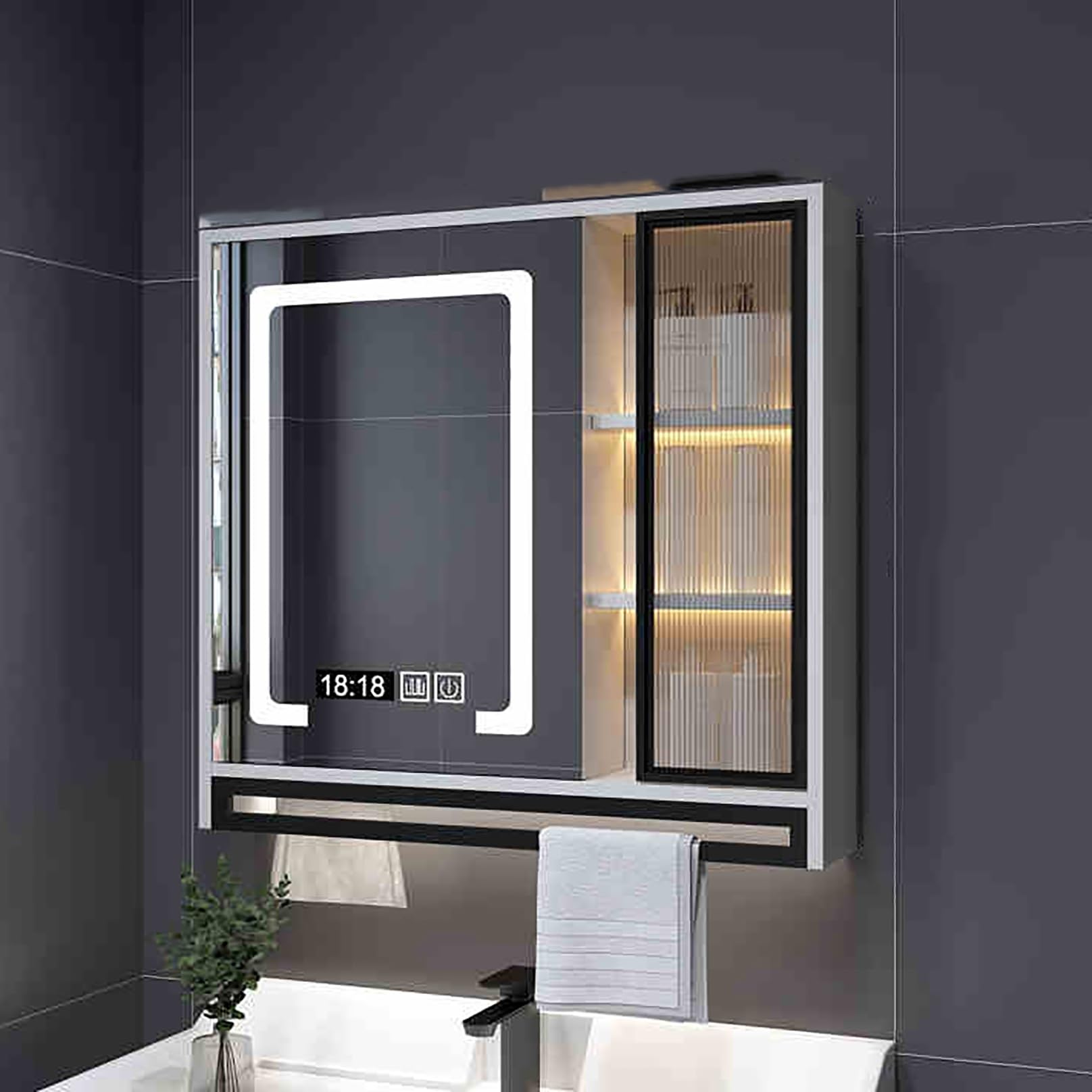 GLJTUO Bathroom Medicine Cabinet with Mirror Wall Mounted Storage nizer for Toiletries Black 60cm Vanity Mirror with Container Above Sink,Grigio-70CM