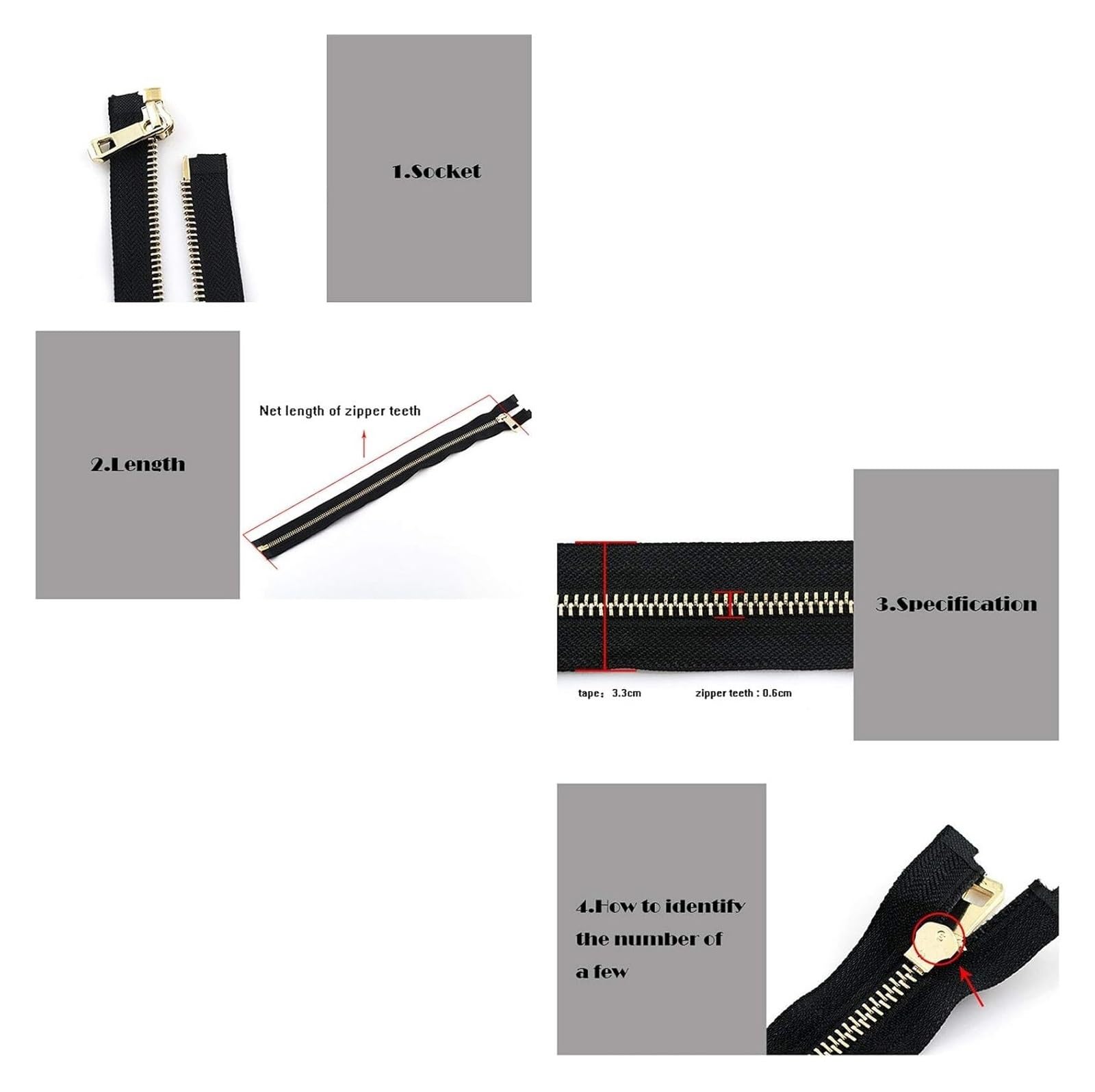 Zamki metalowe, Zamek błyskawiczny, błyskawiczne otwarte, do szycia, Niewidoczne zamki, 5# (Wit, 75cm)(Khaki,85cm)