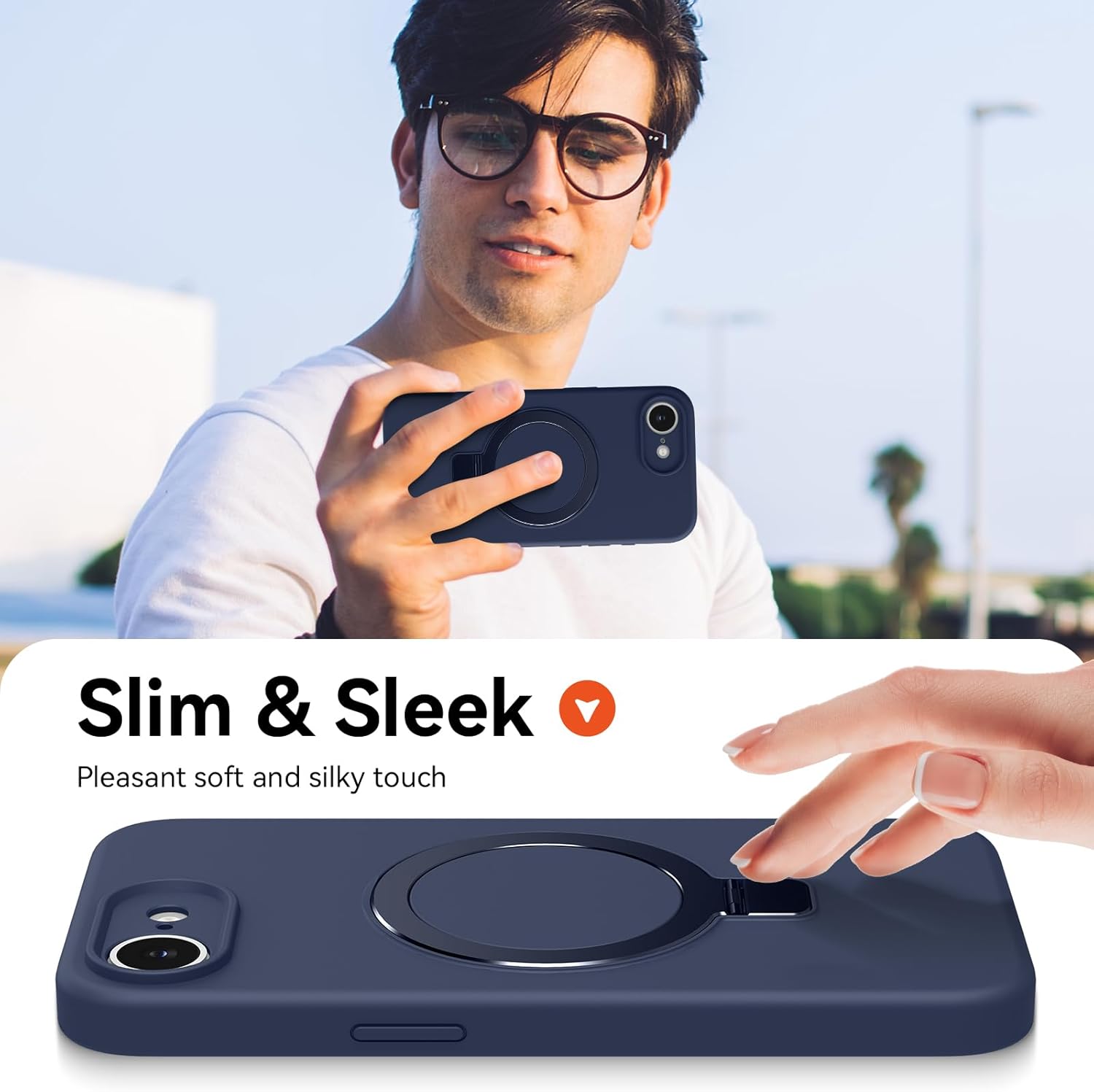 Compatible with iPhone 16e Case Stand, Slim Soft Liquid Silicone Phone Cases Fit for iPhone 16e Compatible with MagSafe Magnetic Ring Kickstand Stand Case Full Camera Protection, Dark Blue - Image 7