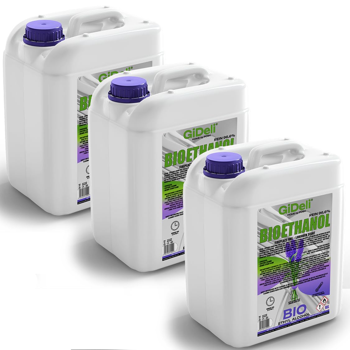 GiDeli Bioetanolo, 3 x 10 l, profumo di lavanda, 96,6% etanolo, per camini interni ed esterni, senza fumo e fuliggine, da mais e barbabietola da zucchero