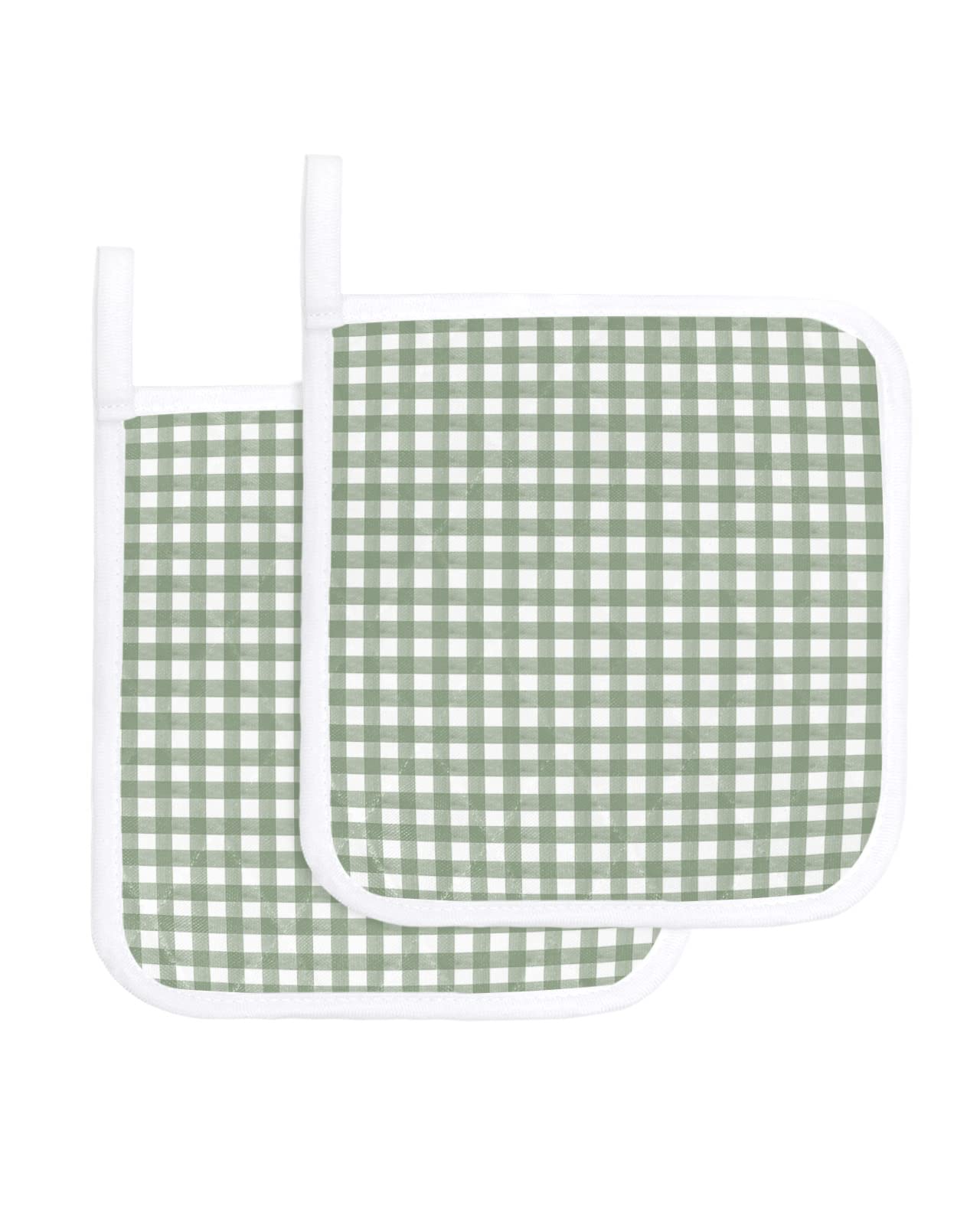 Sage Green Buffalo Plaid Pot Holders for Kitchen, Farmhouse Green White Checkered Pot Holder with Loop Trivet Heat Insulation Oven Mitts Hot Pads, Washable Potholders for Cooking Backing 2 Pack