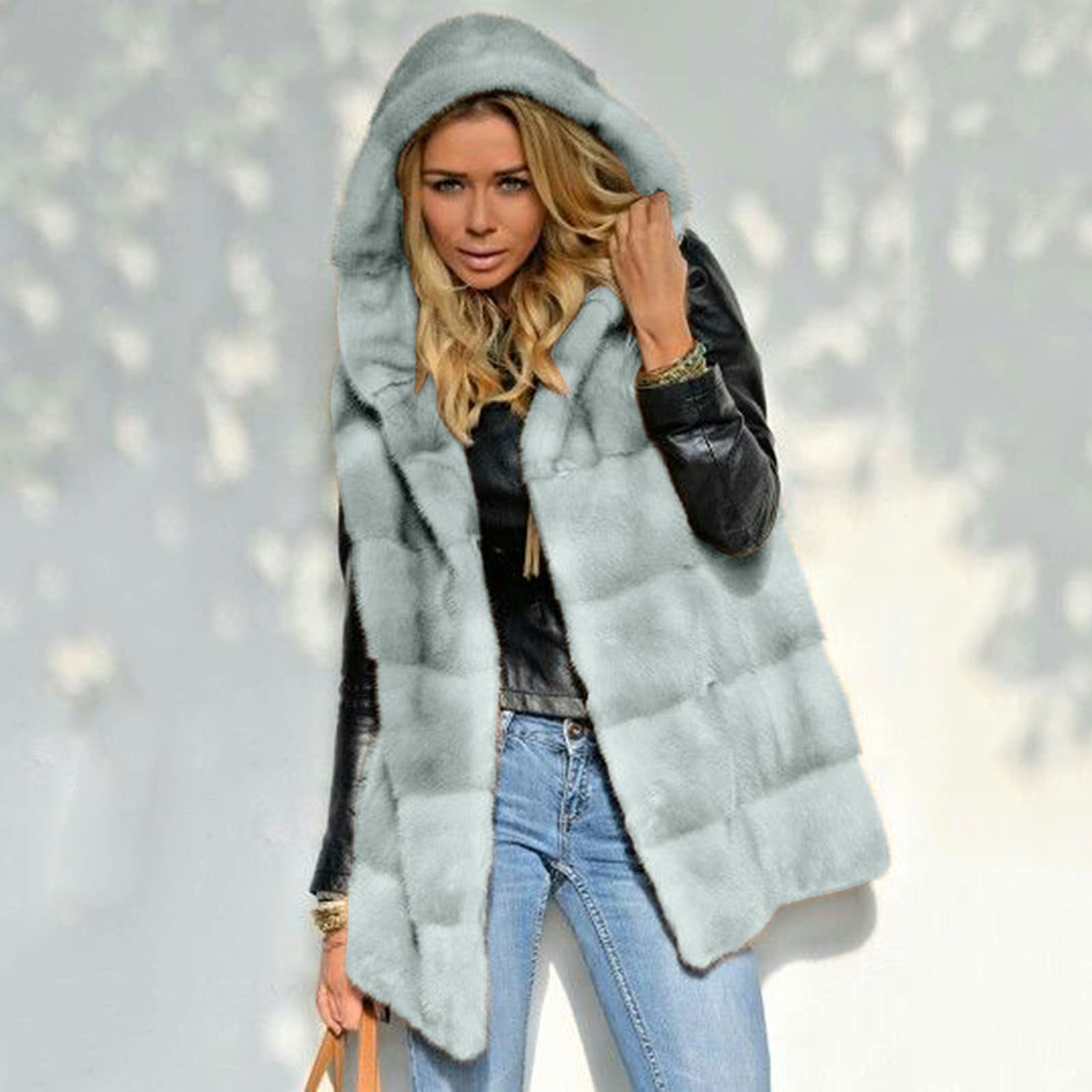 Gilet in pelliccia da donna, da donna, in pelliccia sintetica, elegante, con cappuccio, grigio., S