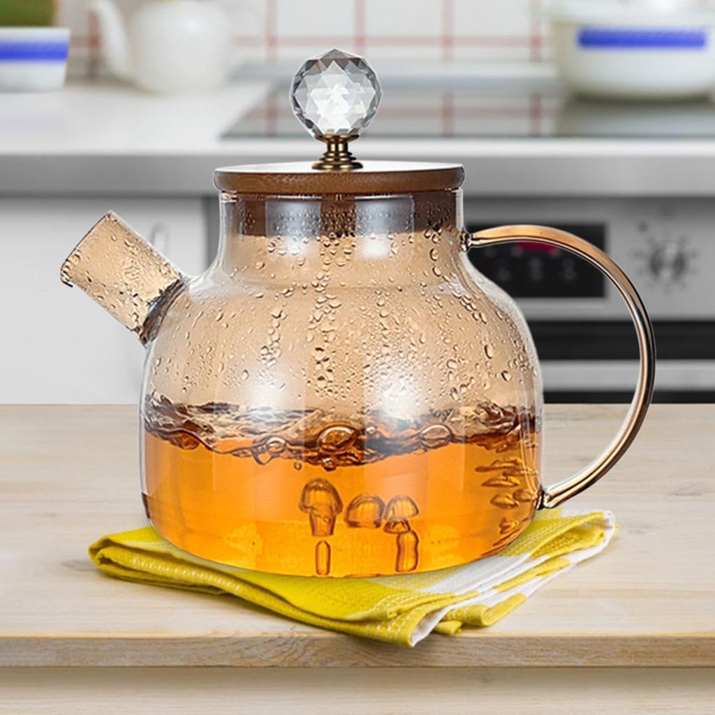 GipiBox® Glass Tea Pot 1000ml with Wooden Lid & Stainless Steel Infuser | Golden Transparent Tea Kettle for Loose Leaf, Green, Herbal & Black Tea | Heat Resistant Teapot 4