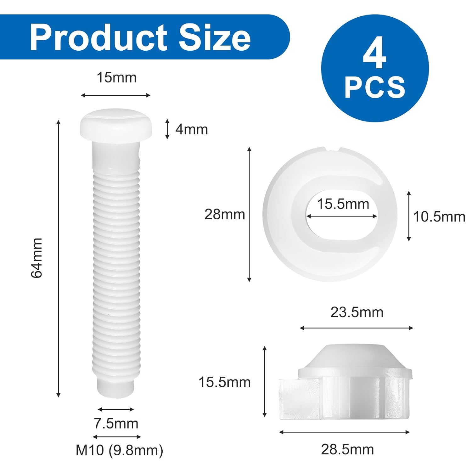 4PCS Replacement Toilet Hinges, Plastic Toilet Seat Screws Hardware Universal for Top Mount Hinges, Includes Bolts Nuts Washers for Fixing The Top (White)