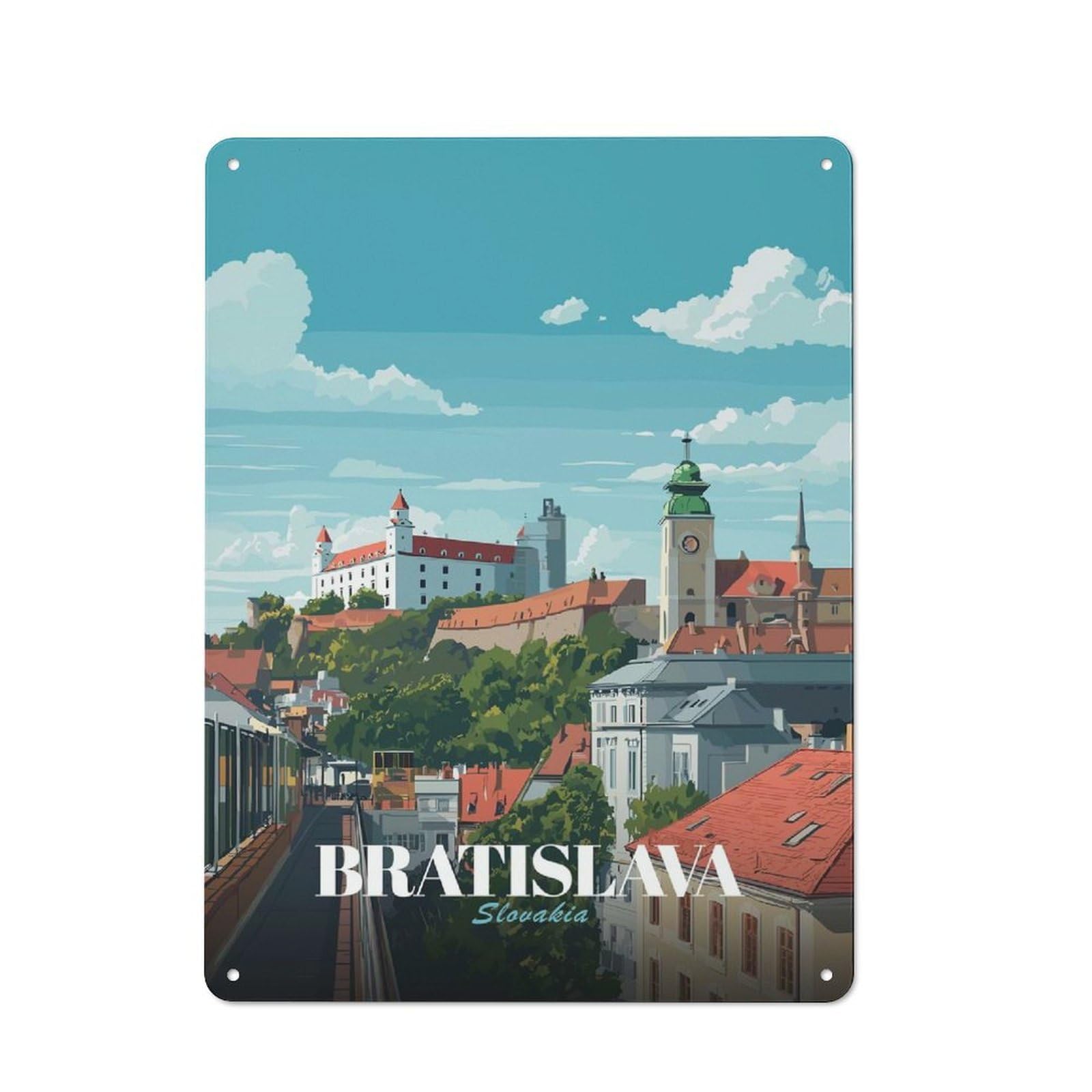 Junmoney Style-18 For Garden Room Or Summerhouse, Bratislava, Slovakia Cityscape Illustration Retro Metal Sign 40X30cm, For Vintage Wall Decor Fans, For Metal Sign Collectors