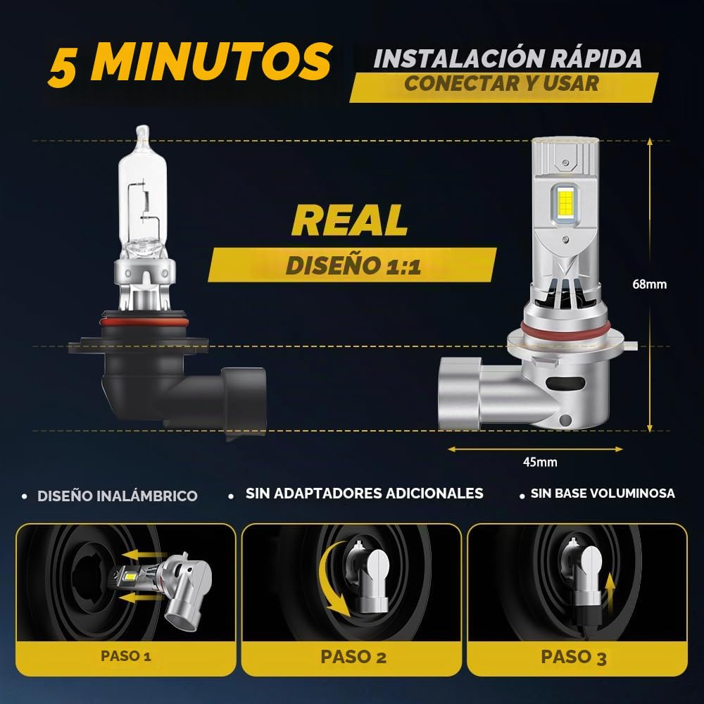 HB3 9005 Bombilla LED 6000K Blanco 1:1 Mini Tamaño 32000LM LED HB3 con Ventilador, Kit de Conversión de Faro 9005 12V para Luz Antiniebla Hi/Lo Beam -2PCS