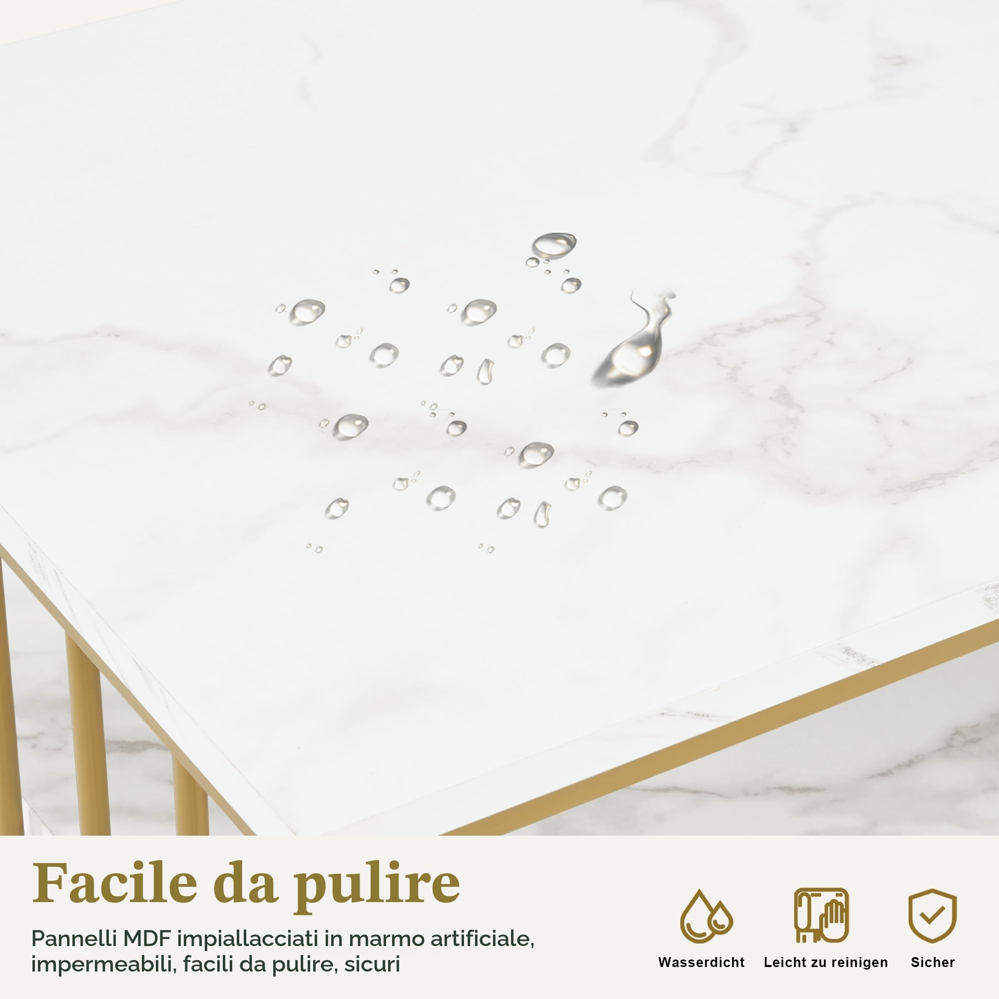 MCombo M tavolo per unghie doppio con cassetti, scrivania con ripiano, tavolo per manicure, toletta senza specchio soggiorno moderno, marmo-bianco-oro, 50 x 200 x 86cm, 2413