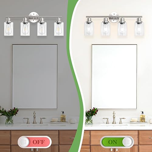 Miniatura 5 de Lámparas de baño de níquel de 4 luces, luces modernas E26 para baño con pantalla de vidrio transparente, lámparas de pared para espejo, pasillo,