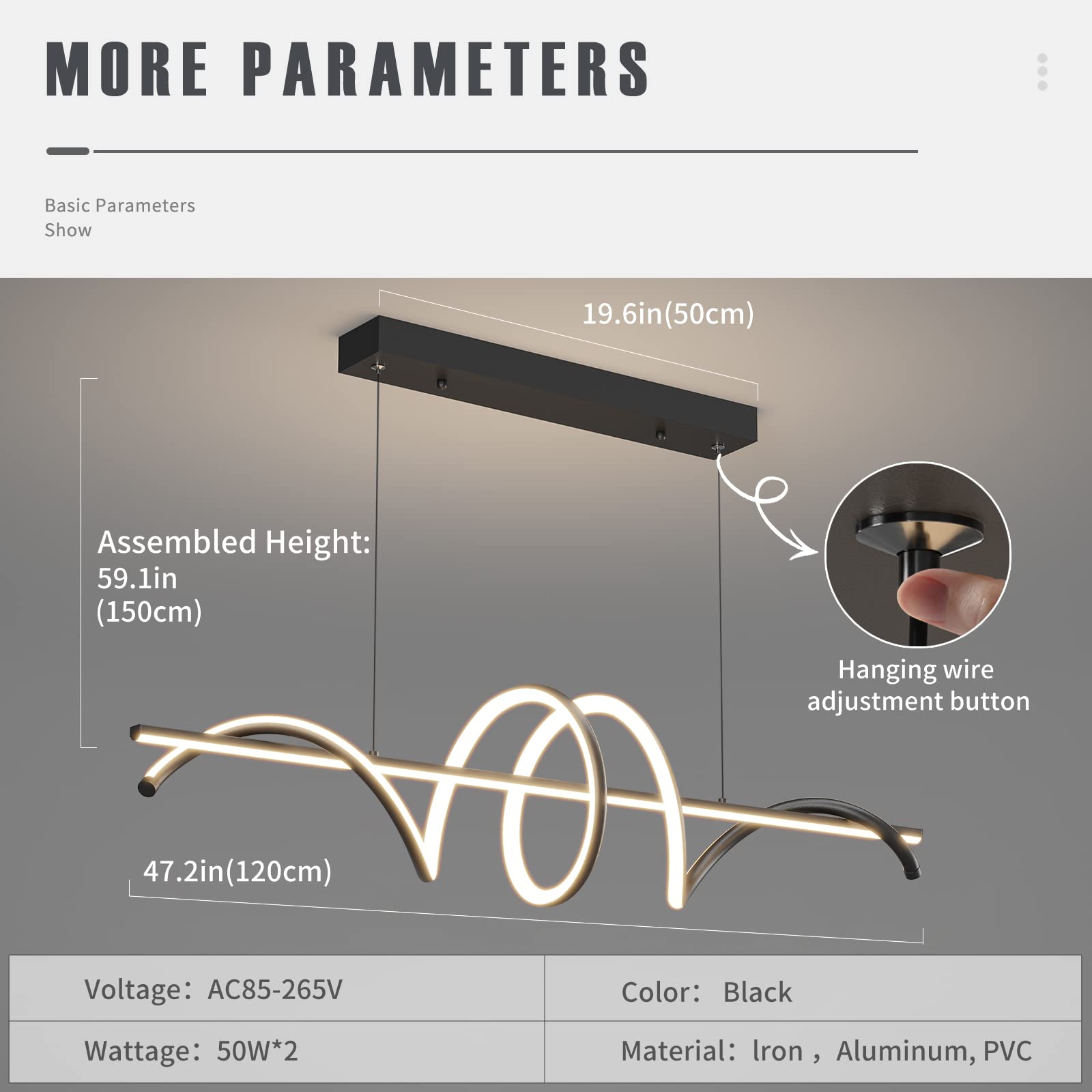 Modern Led Chandeliers for Dining Room, Dimmable 3000k~6500k Remote Control Black Spiral Shape Pendant Lights 50w Height Adjustable Hanging Lights for Dining Rooms Kitchen Island Restaurant