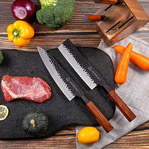 Image of FAMCUTE Japanese Chef Knife Set, Contains 8 inch Gyuto Knife /7 inch Nakiri Knife /7 inch Santoku knife /5 inch Utility knife And 1000 /6000 2 Side Grit Professional Sharpening Whetstone