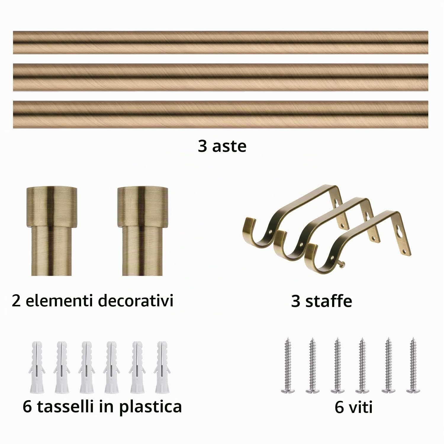 Bastone per Tenda Estensibile da 120 cm a 300 cm, in Ottone Anticato, con Aste e Staffe