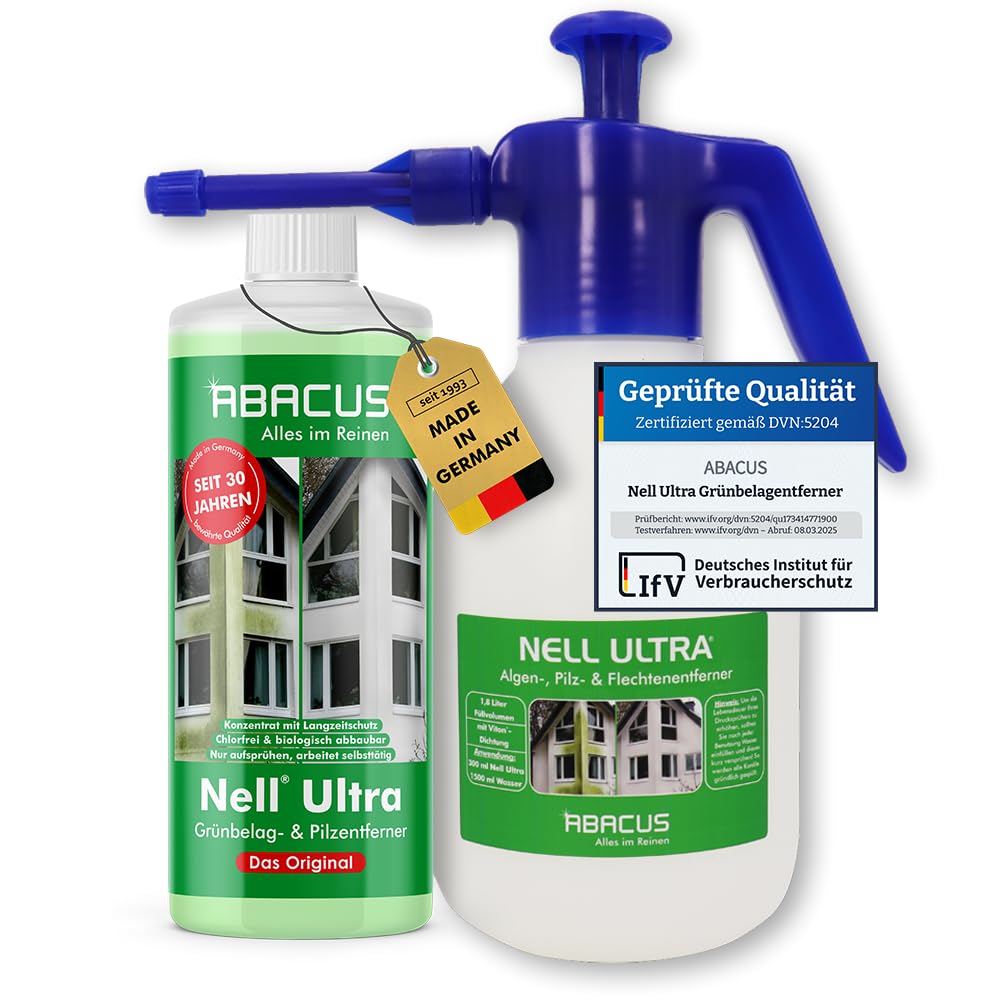 ABACUS® Nell Ultra Grünbelagentferner & Algenentferner Konzentrat, extrem stark! Entfernt Grünbelag & Algen selbsttätig ohne zu Schrubben – Algen- & Grünbelagentferner 1000ml mit Sprühflasche – Set XS